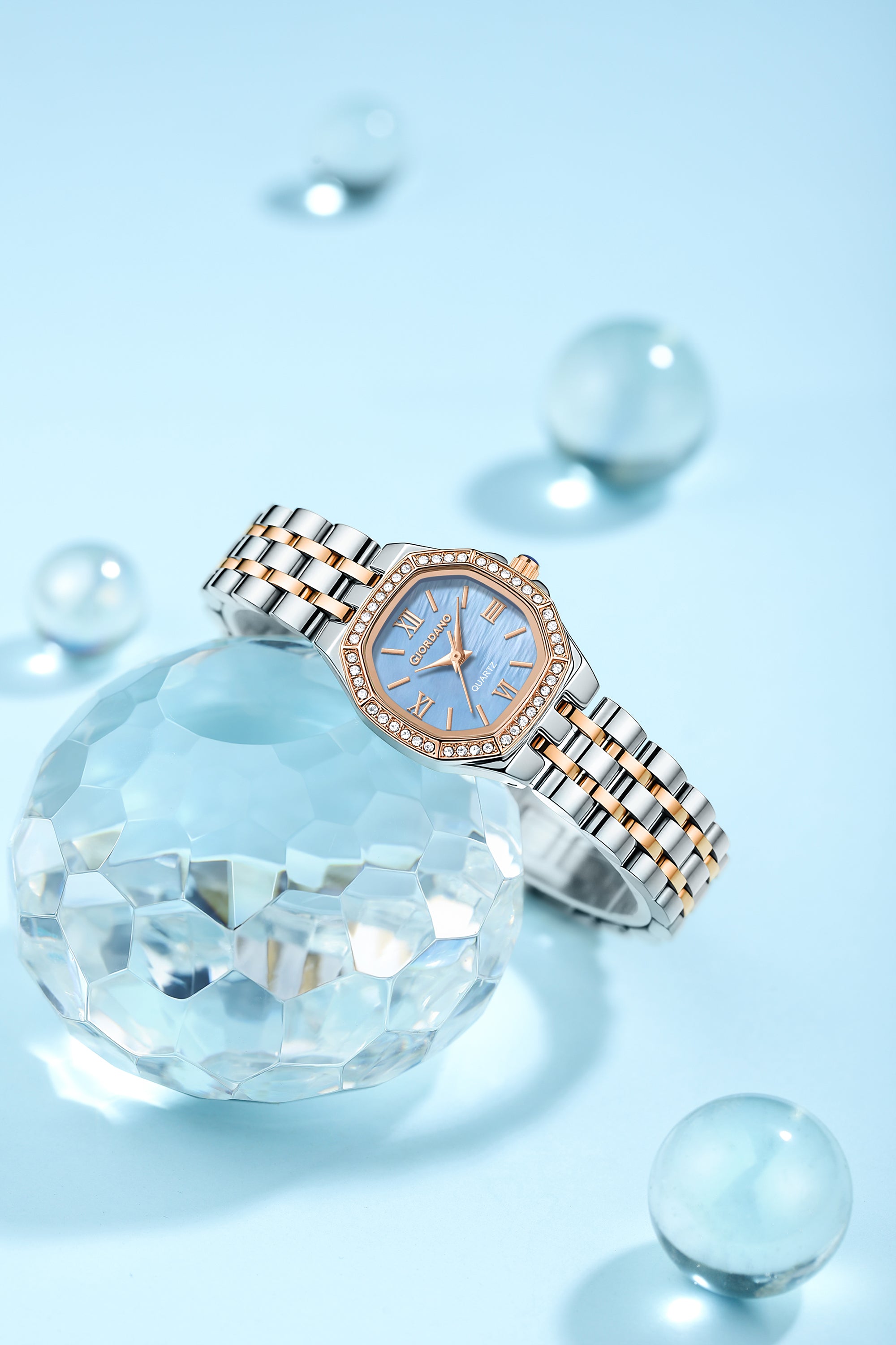 Giordano Analog Watch for Women with Blue Dial, Crystal Studded Bezel, Roman Indices & Stainless Steel Strap GZ-60162-66
