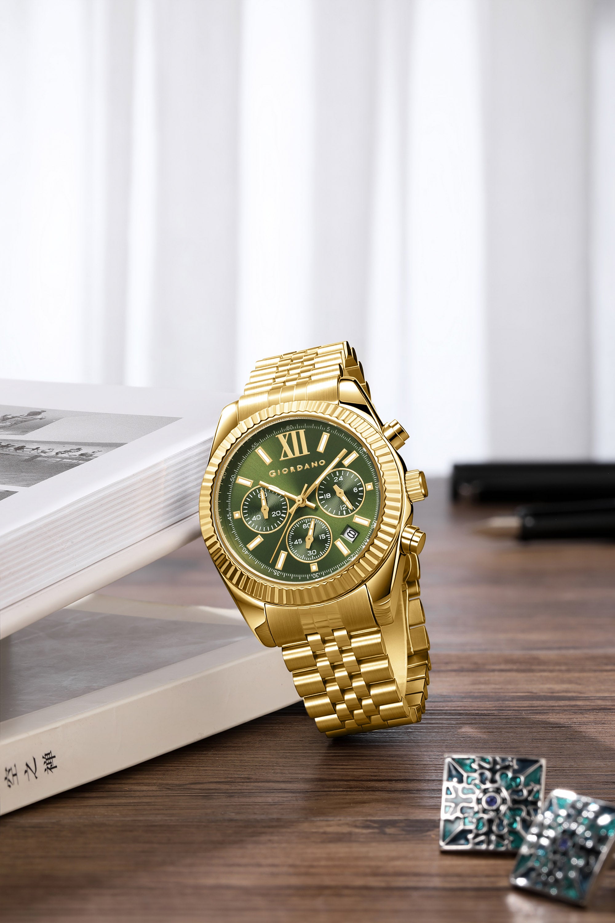 Giordano Chronograph Analog Quartz Watch for Men with Round Green Dial, Roman indices, Date Function, Luminos hands and Markers, Gold Stainless Steel Strap - GZ-50217-33
