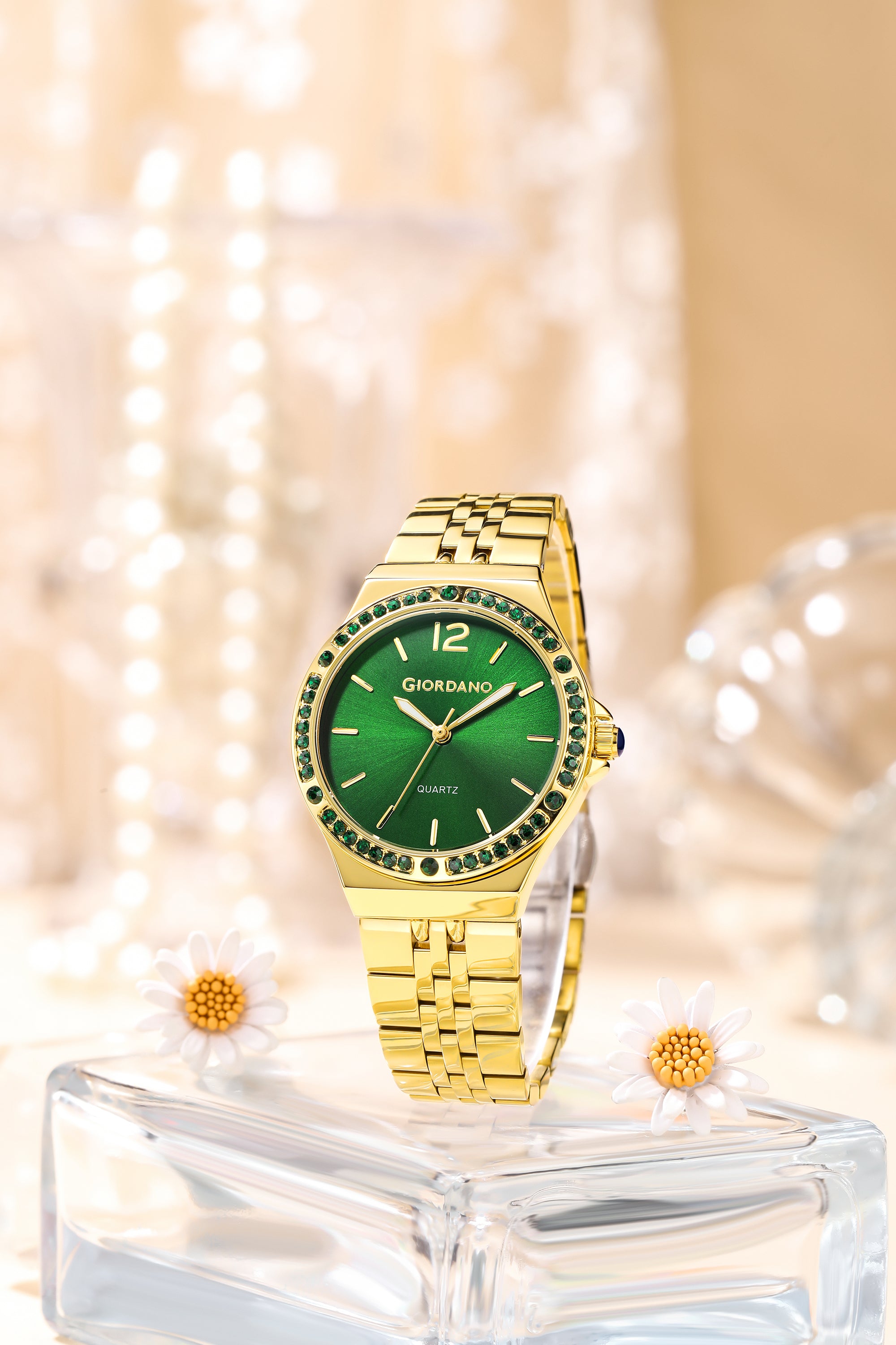 Giordano Analog Quartz Watch for Women with Round Green Dial, Crystal Studded Bezel, Blue Crown, Luminous Hands, Gold Stainless Steel Strap - GZ-60159-33