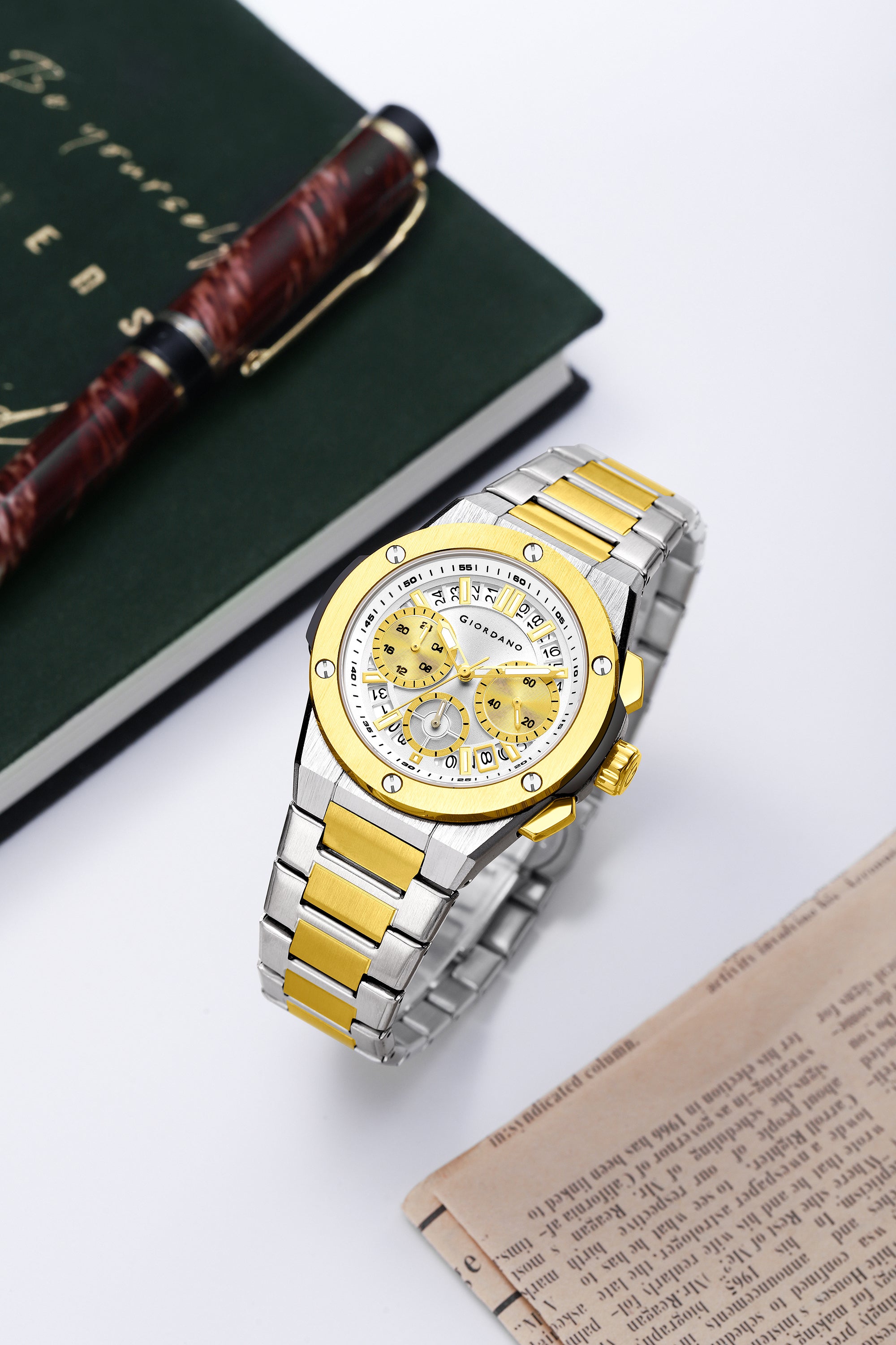 Giordano Chronograph Analog Quartz Watch for Men with Round White Dial, Date Function, Luminous Hands and Markers, Silver and Gold Stainless Steel Strap - GZ-50200-44