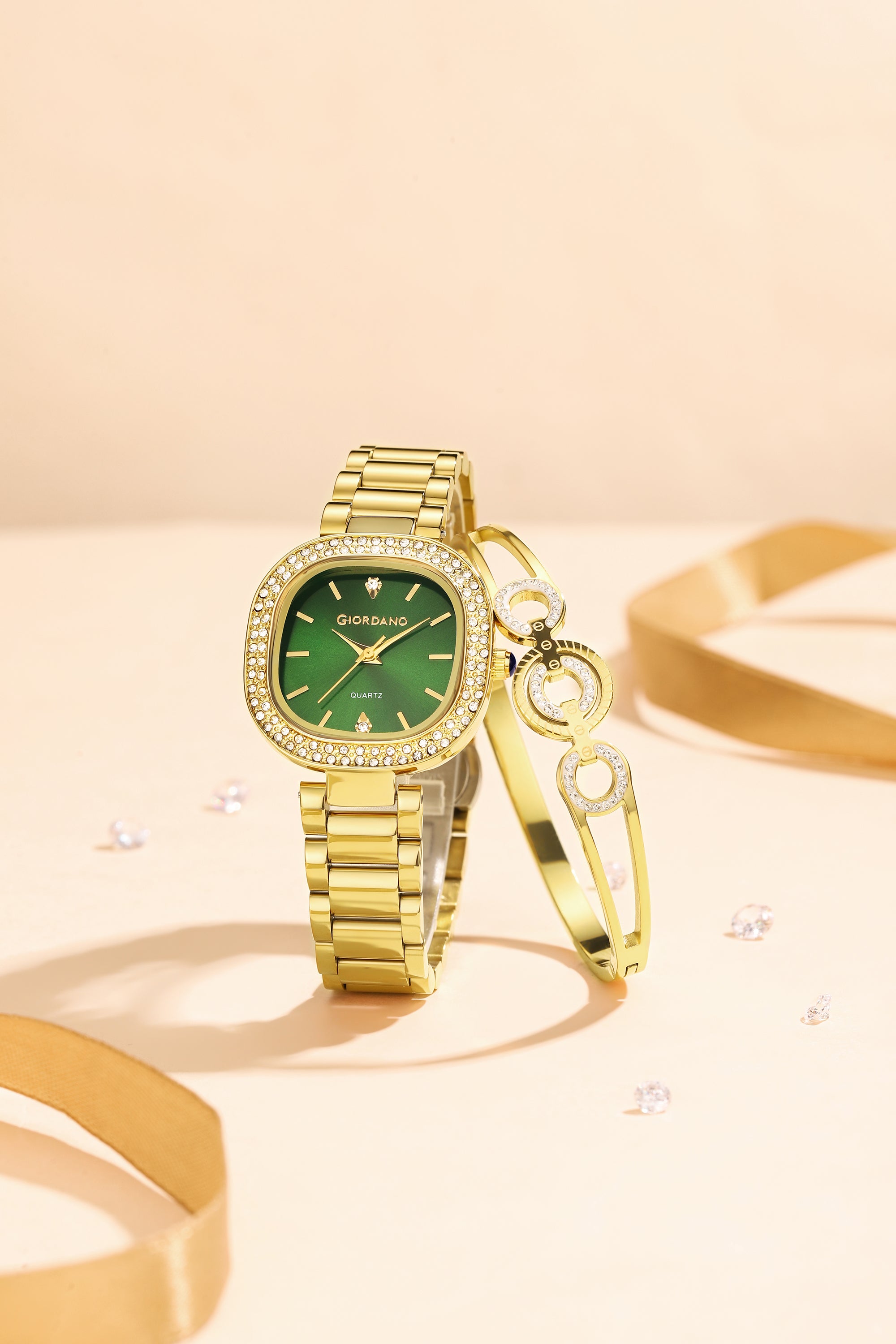 Giordano Analog Quartz Watch for Women with Bangle Square Green Dial, Blue Crown, Crystal Studded Hour Markers and Bezel, Gold Stainless Steel Strap - GZ-60166-33