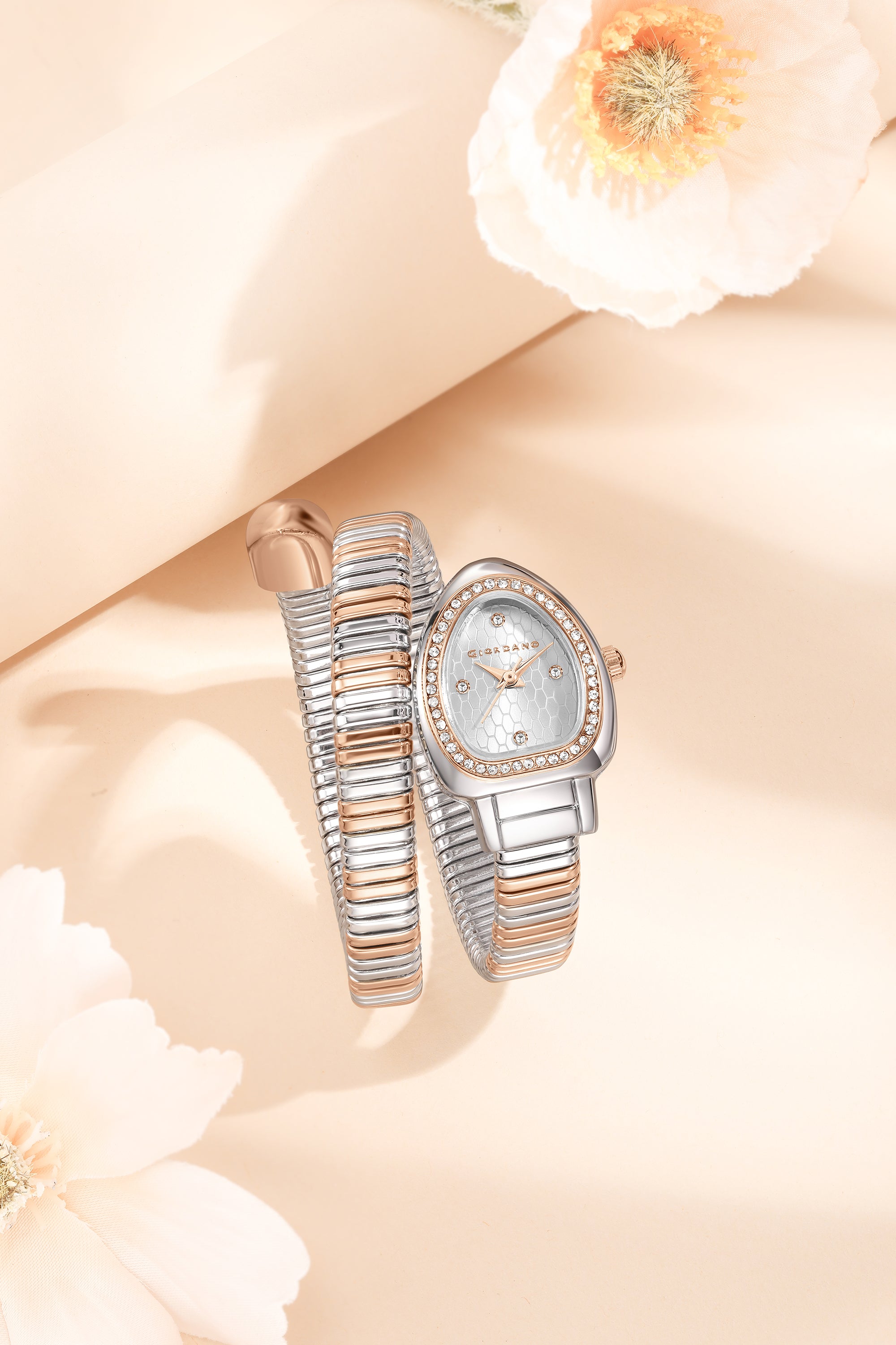 Giordano Serpentine Collection Analog Quartz Watch for Women with Silver Honeycomb-Textured Dial, Crystal Bezel & Markers, Snake-Style Wrap-Around Two-Tone Stainless Steel Strap - GZ-60188-11