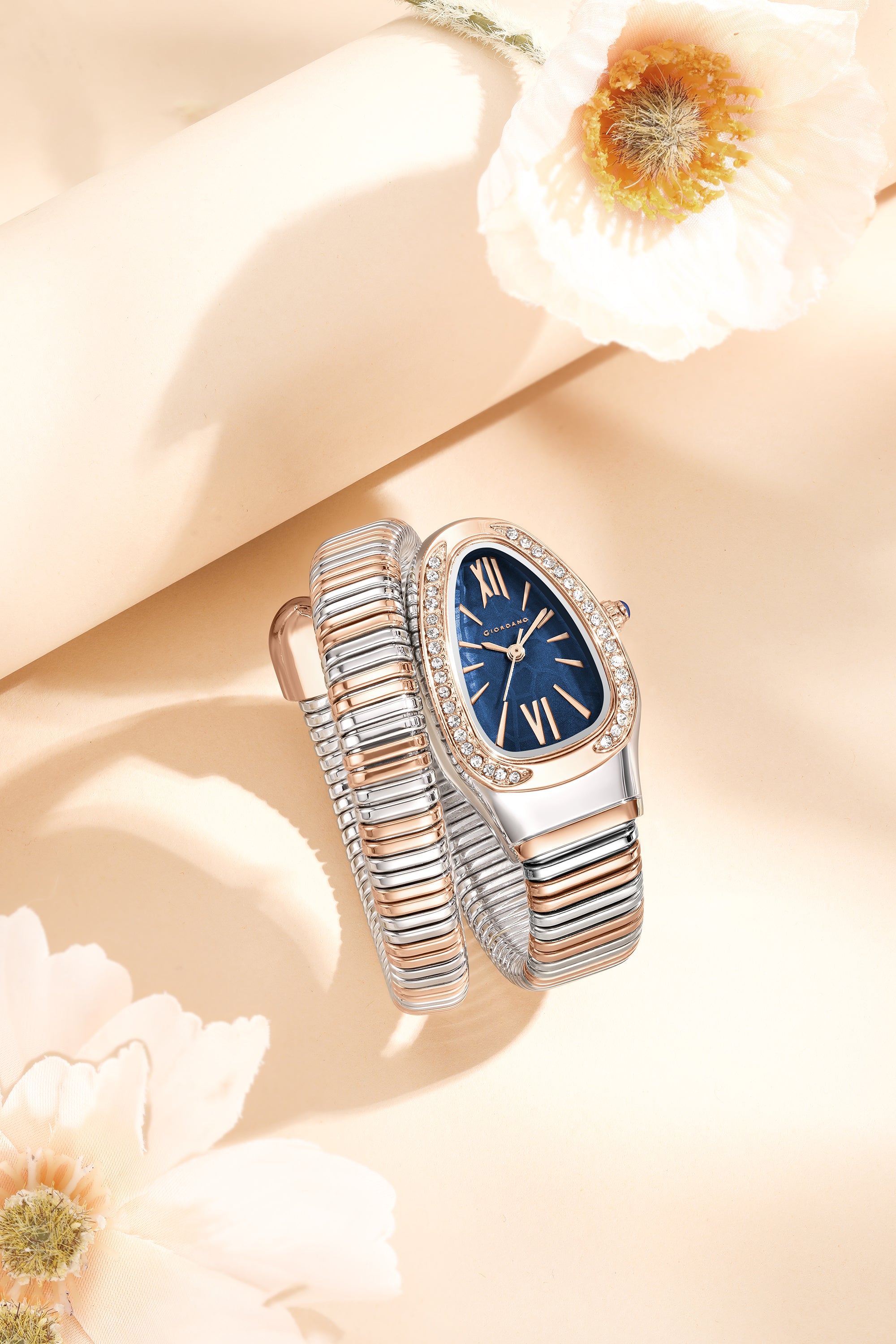 Giordano Serpentine Collection Analog Quartz Watch for Women with Blue Geometric-Textured Dial, Crystal-Studded Bezel, Roman Numerals & Snake-Style Wrap-Around Stainless Steel Strap - GZ-60189-22
