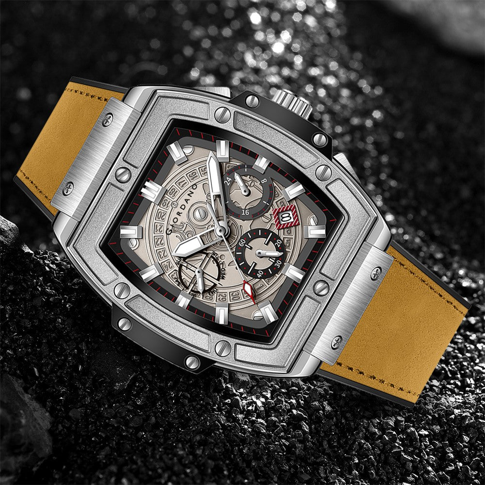 Giordano Terminator Men's Brown Leather Multifunction Watch - with Day, Date, and 24-Hour Sub-Dials | Water Resistant Square Dial Unique Design Wrist Watch for Man | GZ-50098-01