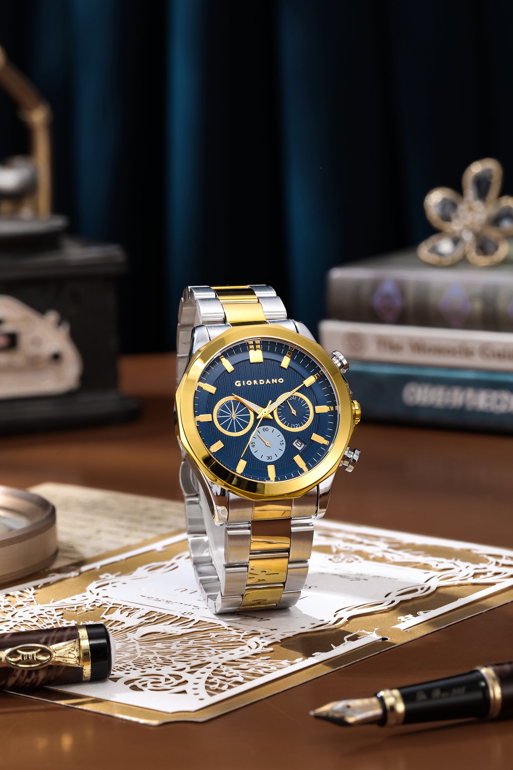 Giordano Analog Quartz Watch for Men with Round Blue Textured Dial, Multifunction Sub-Dials, Date Display and Silver & Gold Two-Tone Stainless Steel Strap - GZ-50036-55