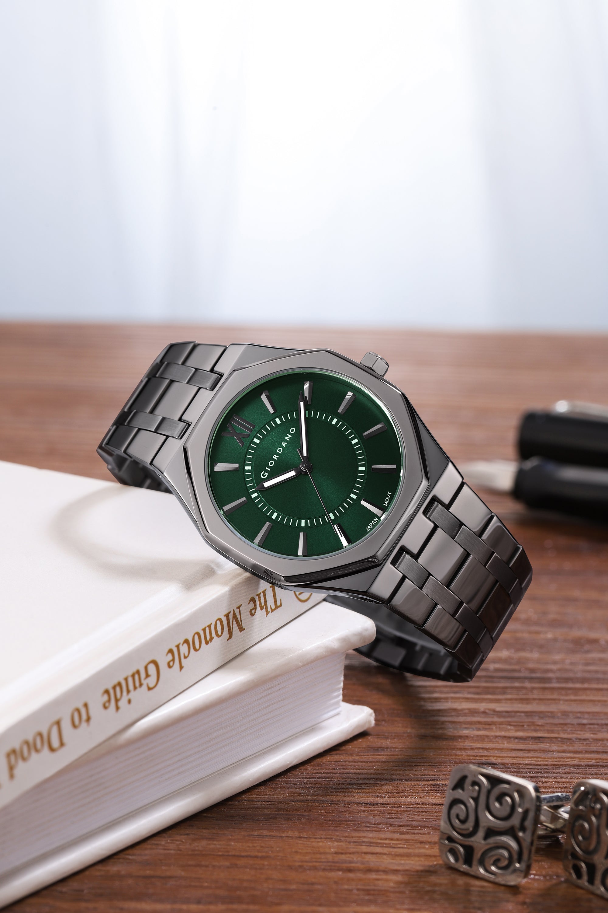 Giordano Analog Quartz Watch for Men with Green Sunray Round Dial, Roman XII & Luminous Hands Markers, Faceted Octagonal Bezel and Black Stainless Steel Strap - GZ-50191-44