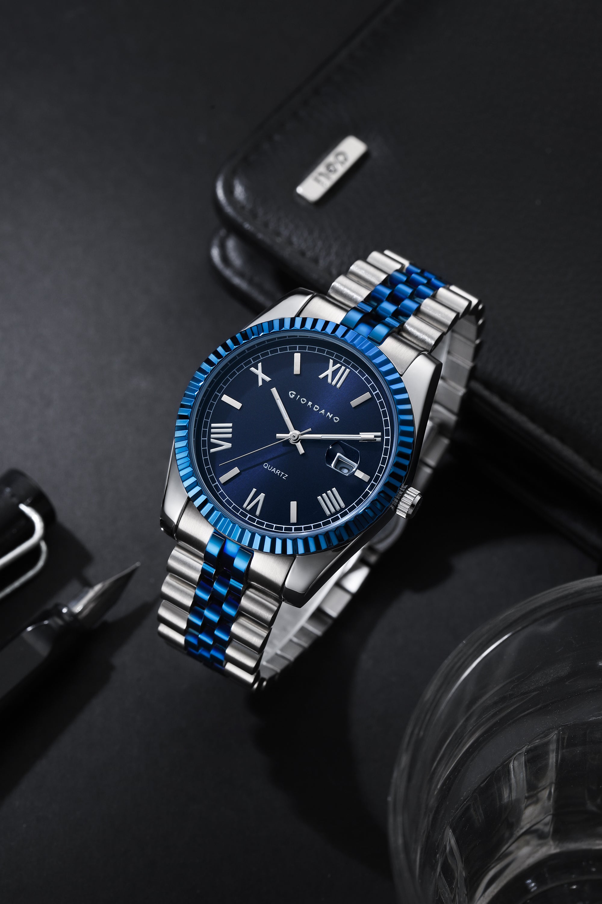 Giordano Analog Quartz Watch for Men with Blue Dial, Roman Numeral & Baton Markers, Date Display, Fluted Bezel and Two-Tone Blue & Silver Stainless Steel Strap - GZ-50190-33