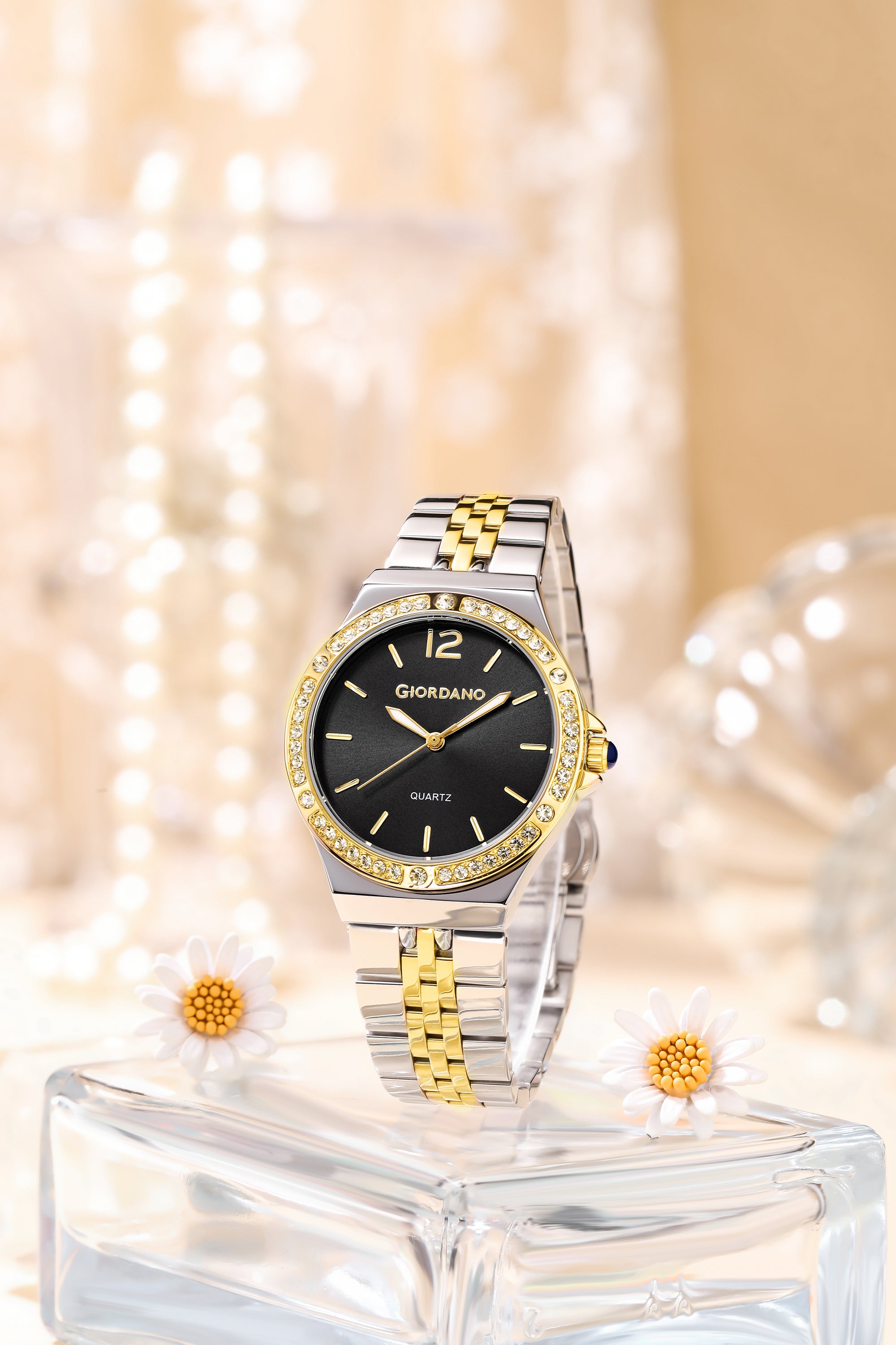 Giordano Analog Quartz Watch for Women with Round Black Dial, Crystal Studded Bezel, Blue Crown, Luminous Hands, Silver and Gold Stainless Steel Strap - GZ-60159-11