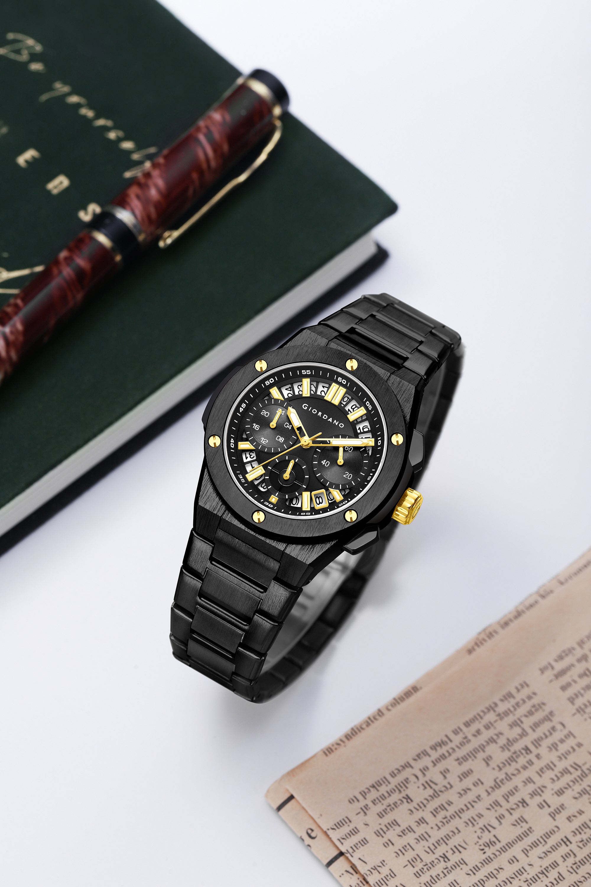 Giordano Chronograph Analog Quartz Watch for Men with Round Black Dial, Date Function, Luminous Hands and Markers, Black Stainless Steel Strap - GZ-50200-11