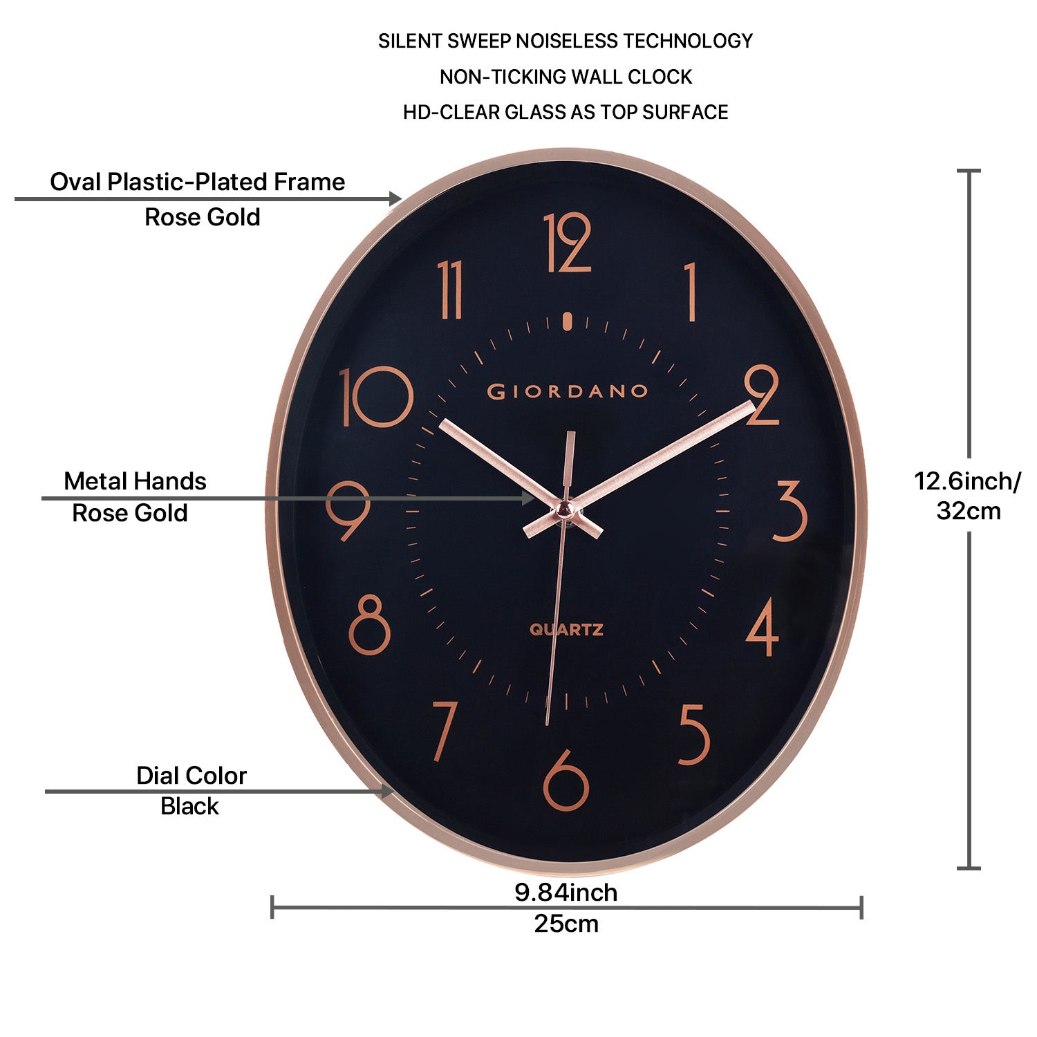 Giordano Wall Clock, Silent Sweep Non-Ticking Quartz Movement, Black Dial, Rose Gold Oval Plastic Frame, Metal Hand - GDCLTY1001RGBLK