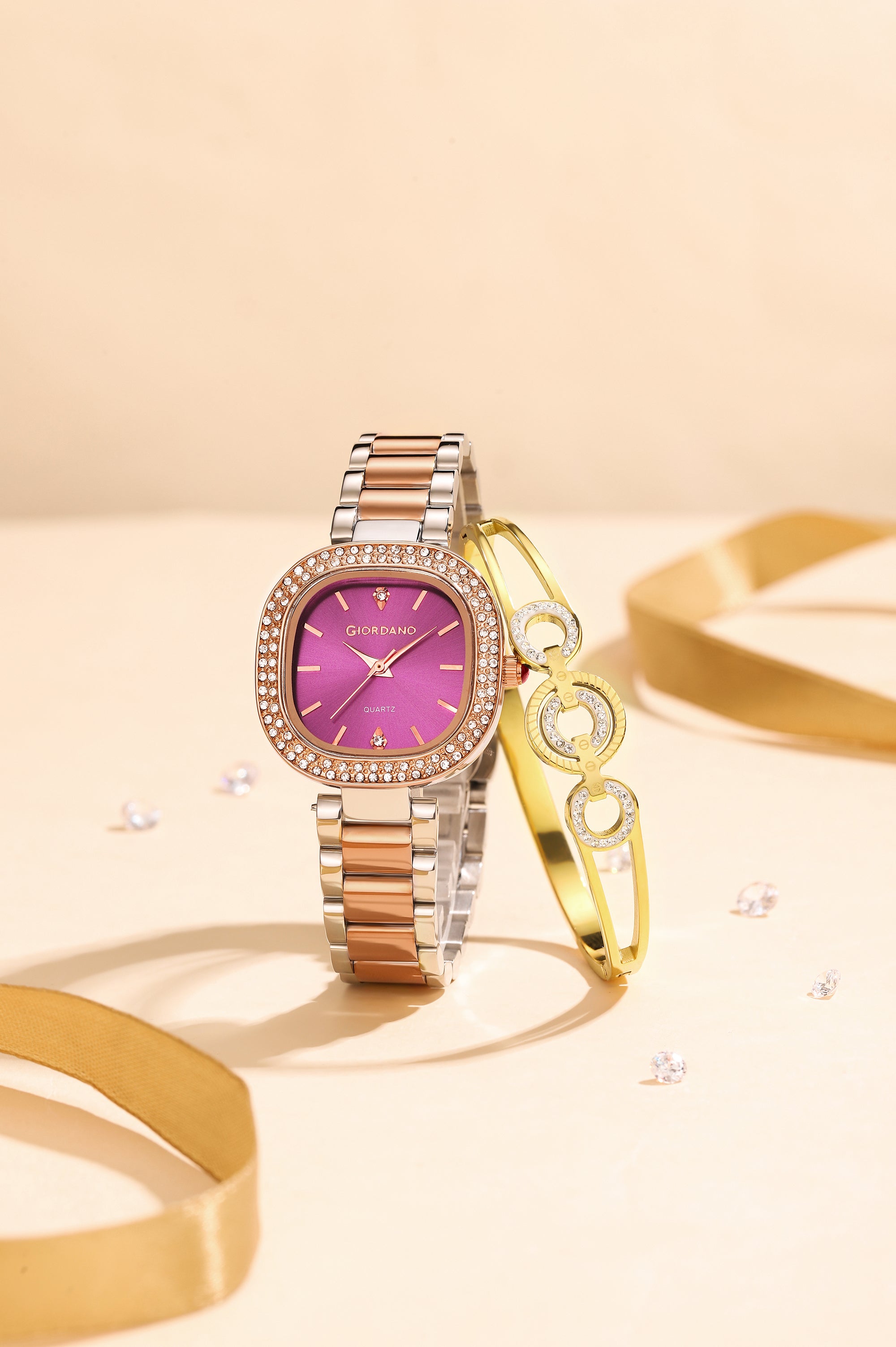 Giordano Analog Quartz Watch for Women with Bangle Square Purple Dial, Blue Crown, Crystal Studded Hour Markers and Bezel, Silver and Rose Gold Stainless Steel Strap - GZ-60166-22