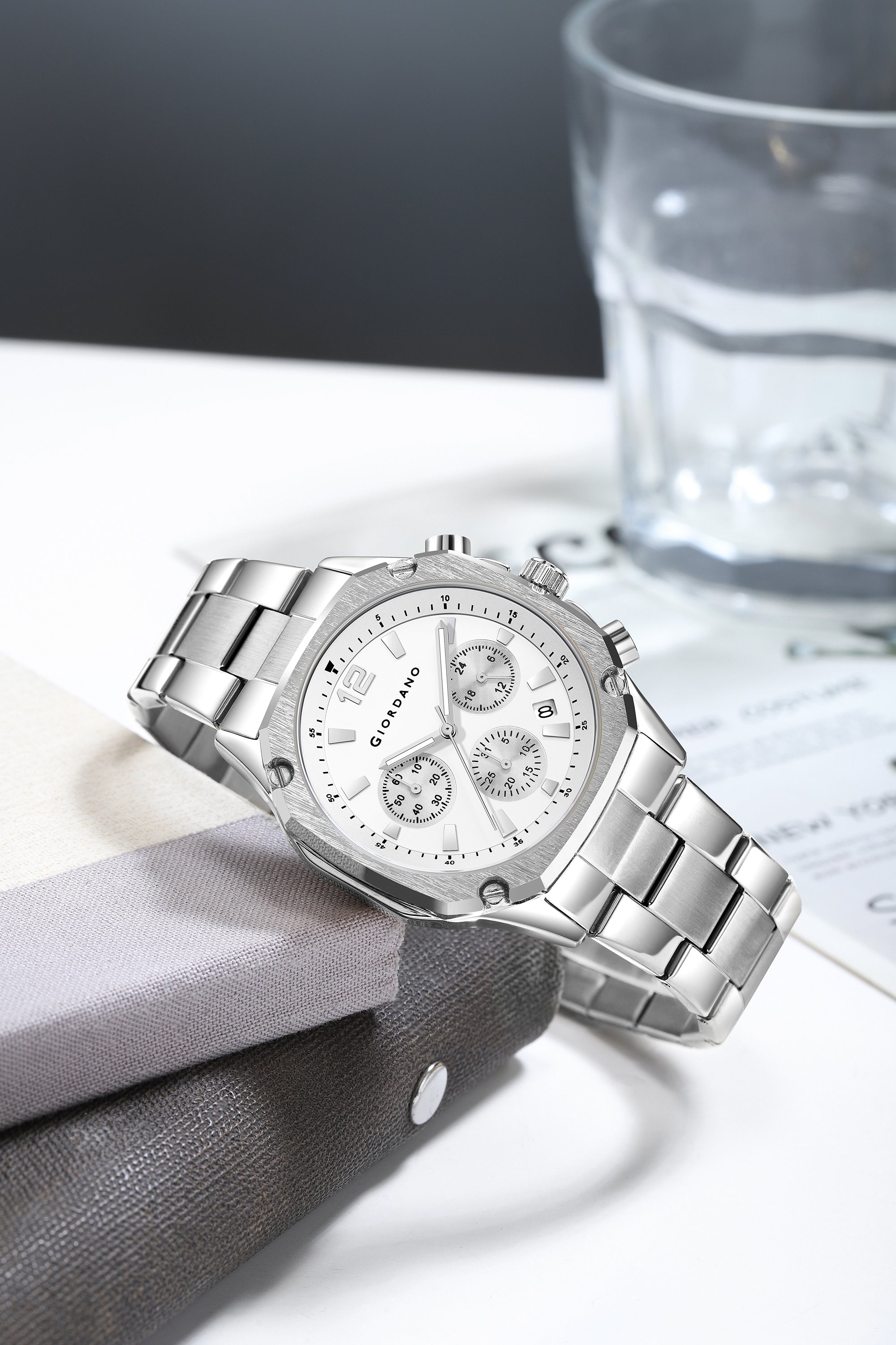 Giordano Analog Watch for Men with Chronograph Subdials, Round Silver Dial Date Window, Quartz Movement Silver Stainless Steel Strap GZ-50203-22