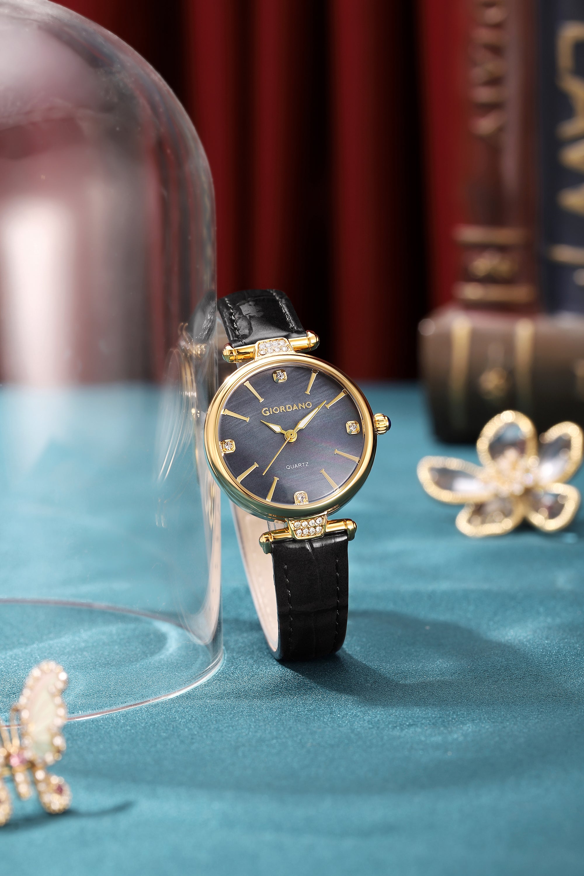 Giordano Analog Quartz Watch for Women with sunray Round Grey Dial, Blue Crown, Luminos hands and Crystal hour markers, Black Leather Strap - GZ-60161-01