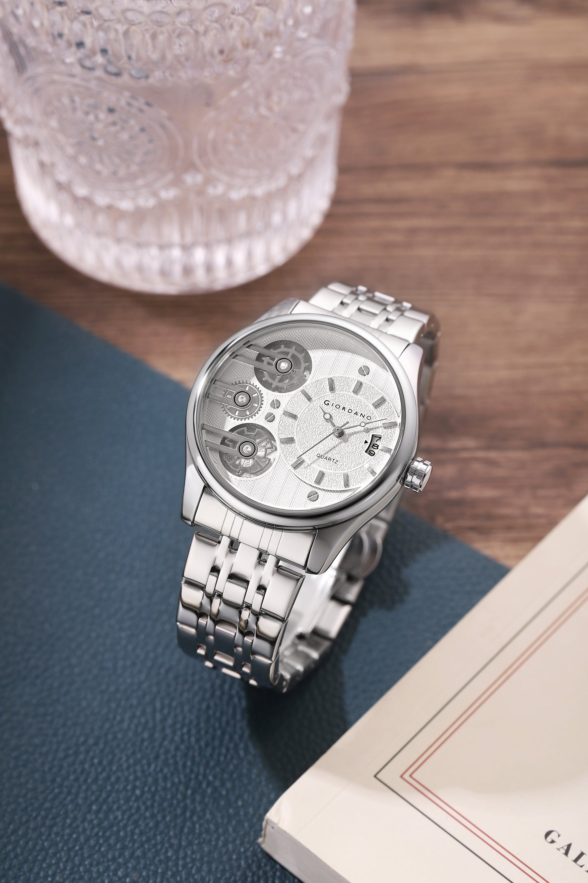 Giordano Analog Watch for Men with Round White Dial, Gear-Inspired Design, Date Display & Stainless Steel Strap GZ-50222-22