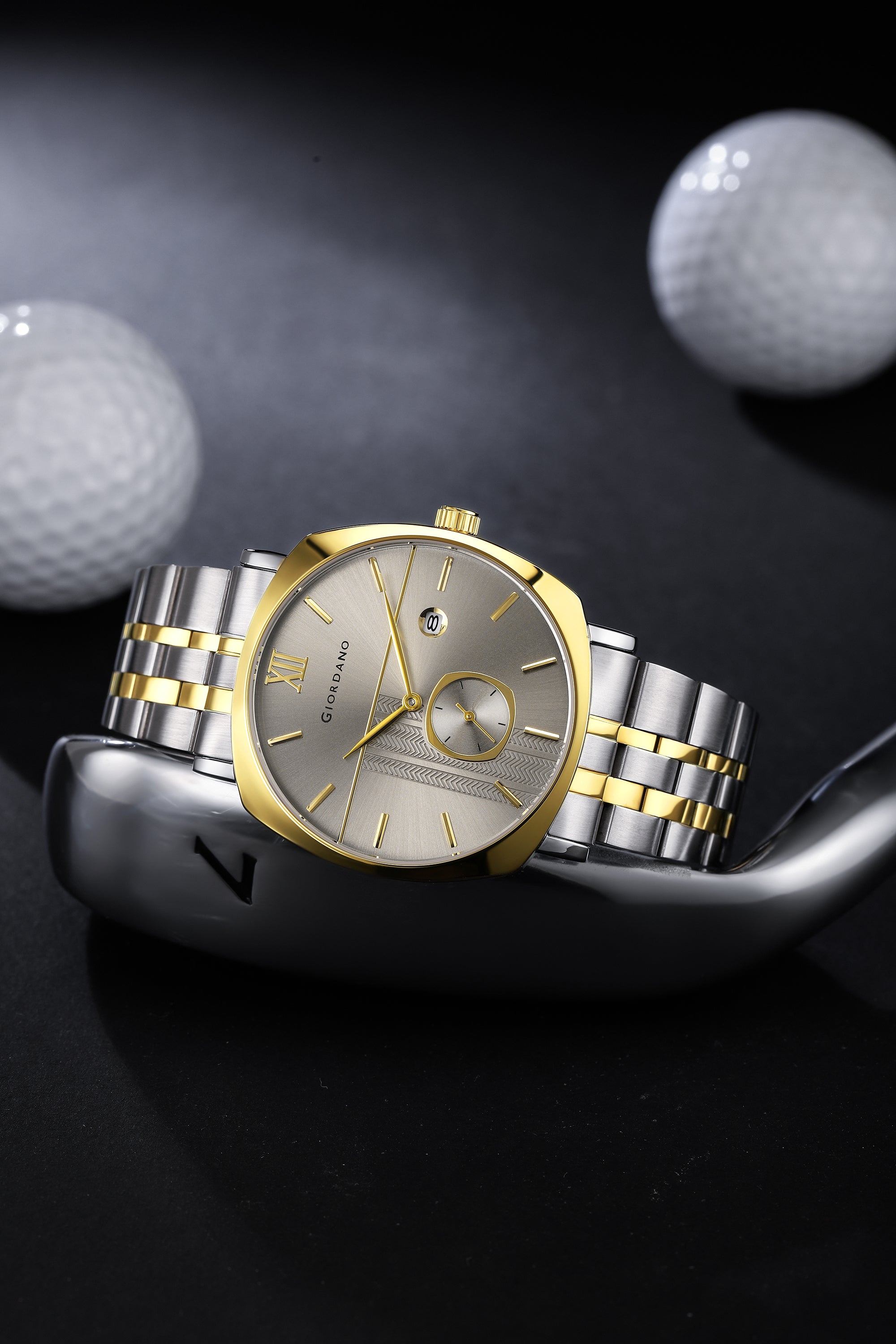 Giordano Analog Quartz Watch for Men with Grey Sunray Patterned Dial, Roman XII & Baton Hour Markers, Small Seconds Sub-Dial, Date Display and Two-Tone Gold & Silver Stainless Steel Strap GZ-50192-44