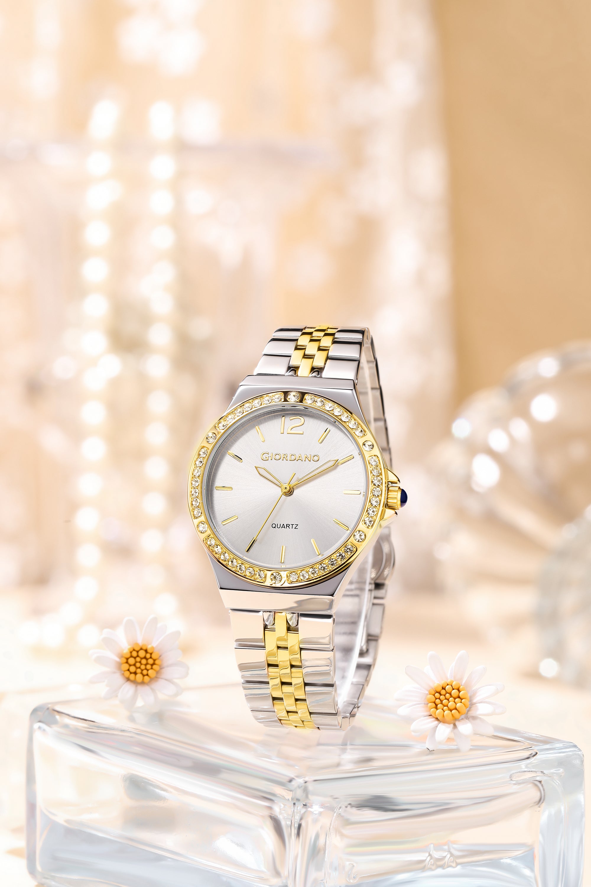 Giordano Analog Quartz Watch for Women with Round White Dial, Crystal Studded Bezel, Blue Crown, Luminous Hands, Silver and Gold Stainless Steel Strap - GZ-60159-66