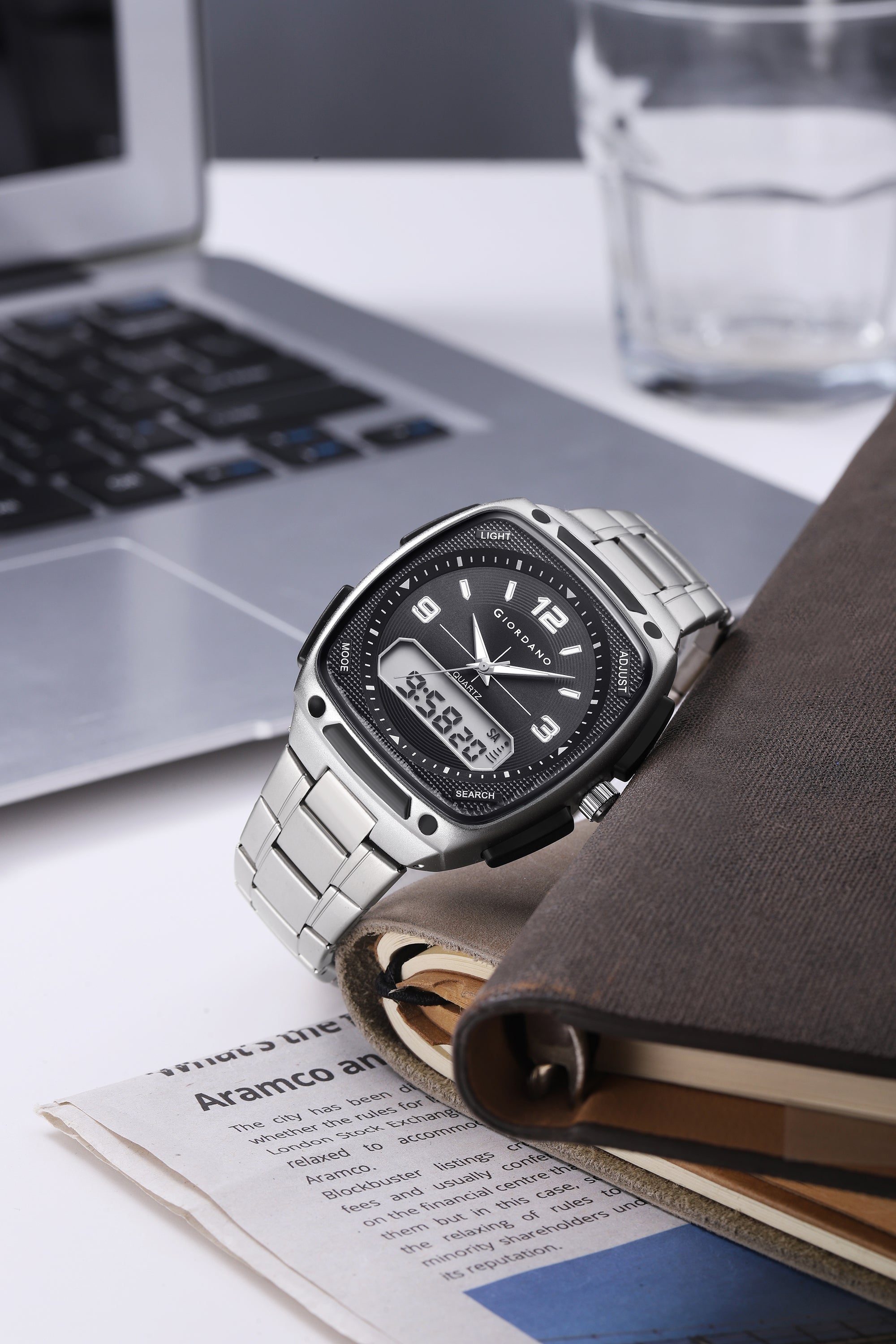 Giordano Analog Quartz Watch for Men with Texured Square Black Dial, Date and Day Function, Luminous Hands and Hour Markers, Silver Stainless Steel Strap - GZ-50223-22