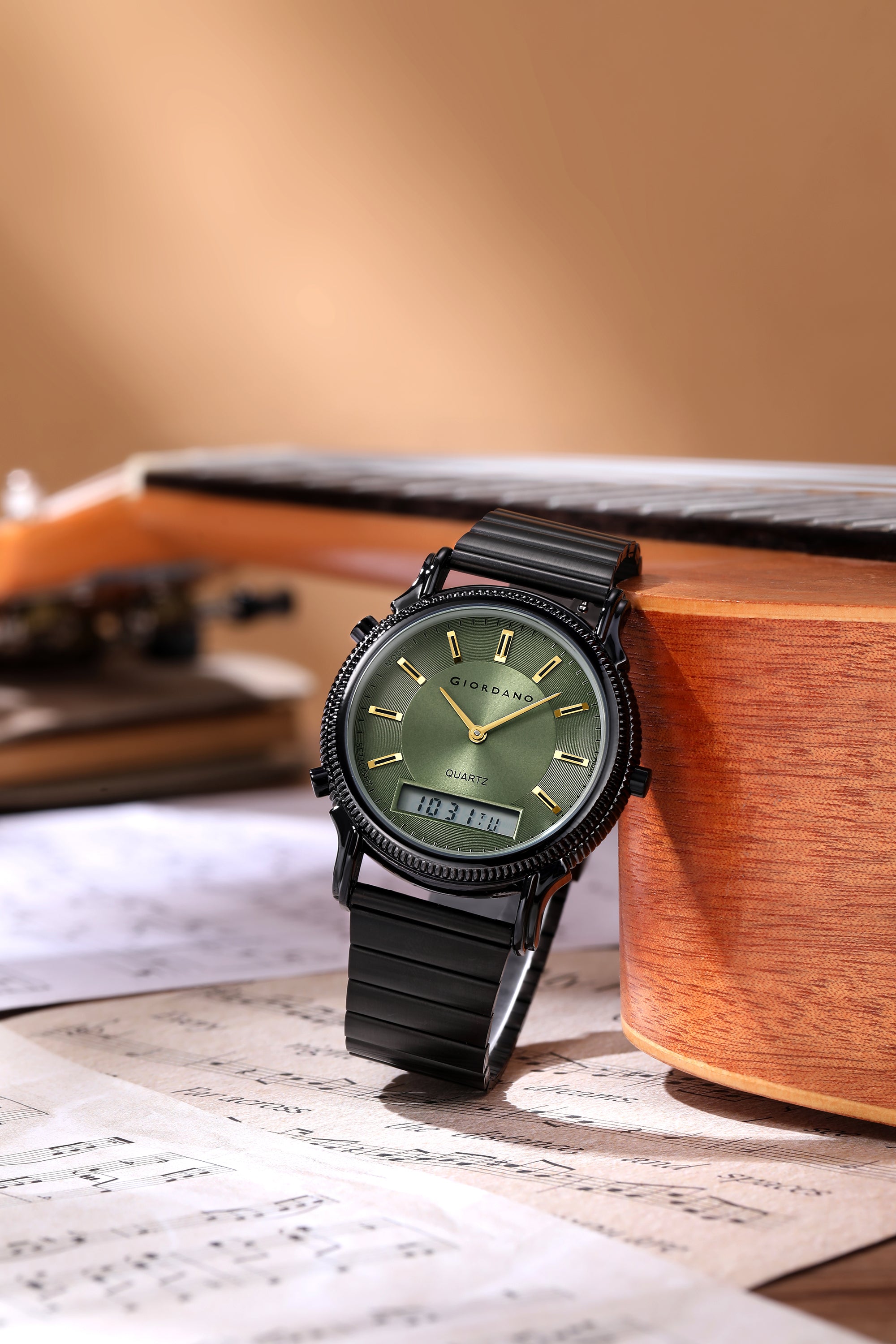Giordano Analog-Digital Watch for Men - Round Green Dial with Dual Display, Quartz Movement and Black Stainless Steel Strap - GZ-50209-33