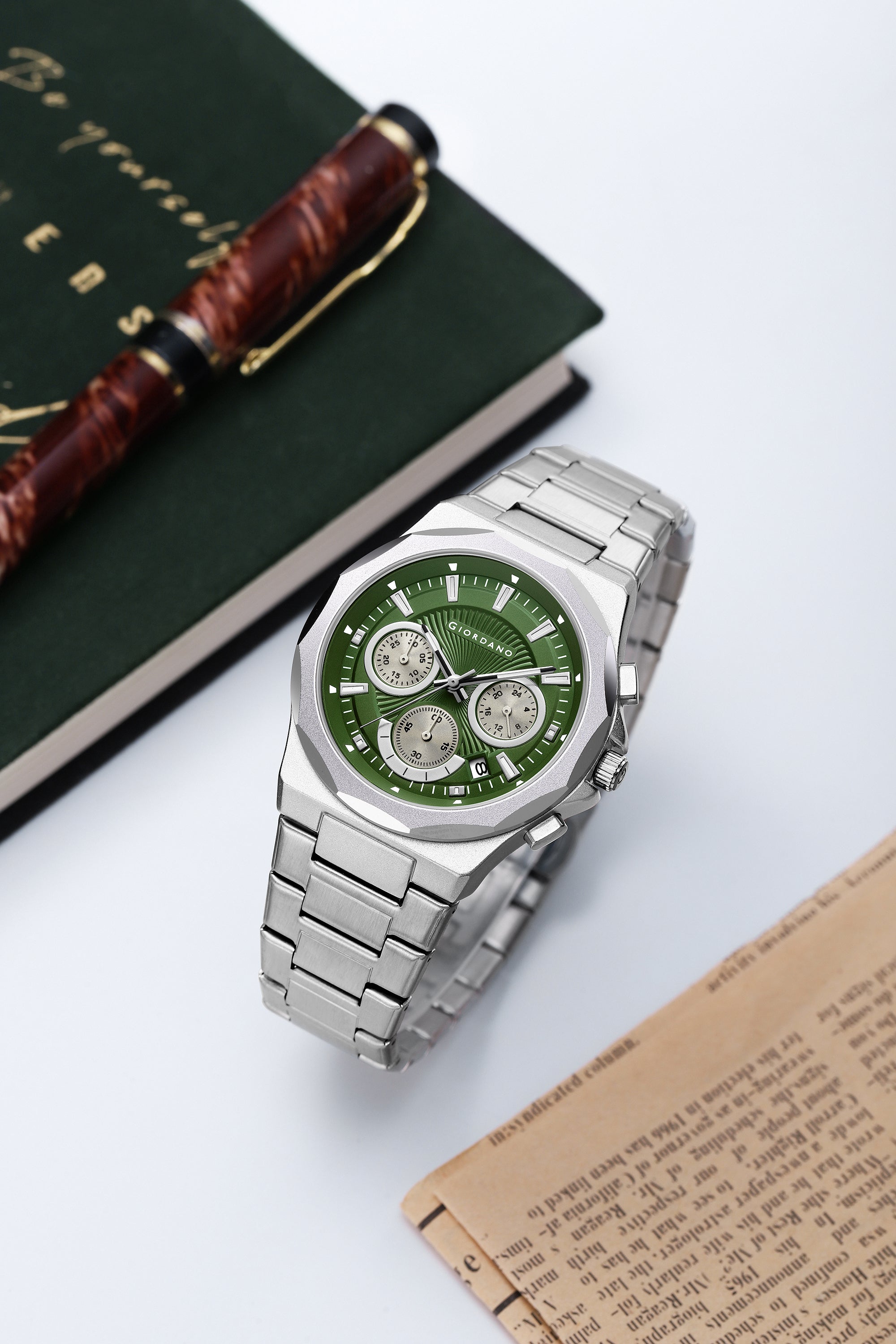 Giordano Chronograph Analog Quartz Watch for Men with Textured Round Green Dial, Date Function, Luminous Hands and Markers, Silver Stainless Steel Strap - GZ-50199-33