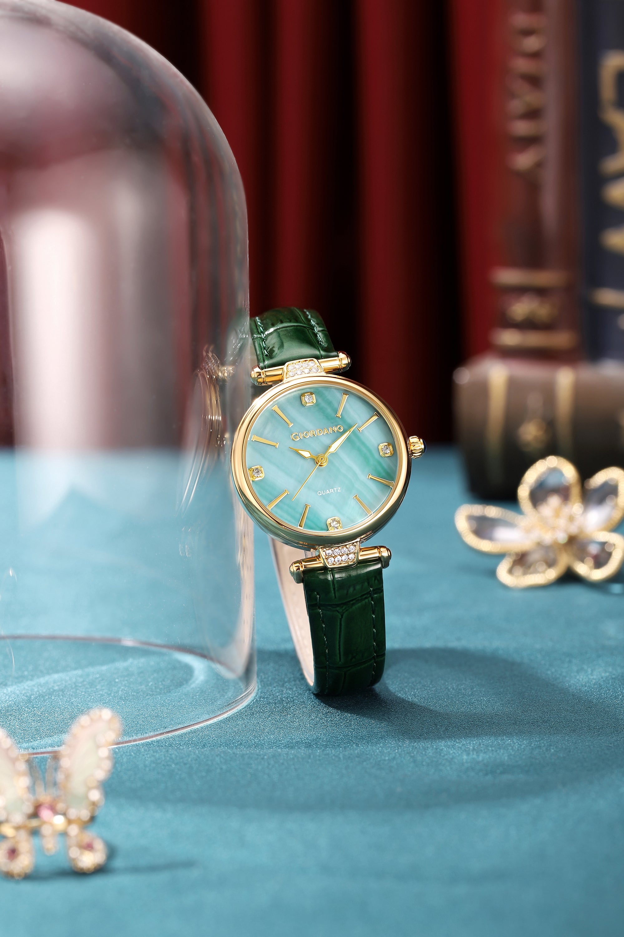 Giordano Analog Quartz Watch for Women with sunray Round Green Dial, Blue Crown, Luminos hands and Crystal hour markers, Silver Leather Strap - GZ-60161-03