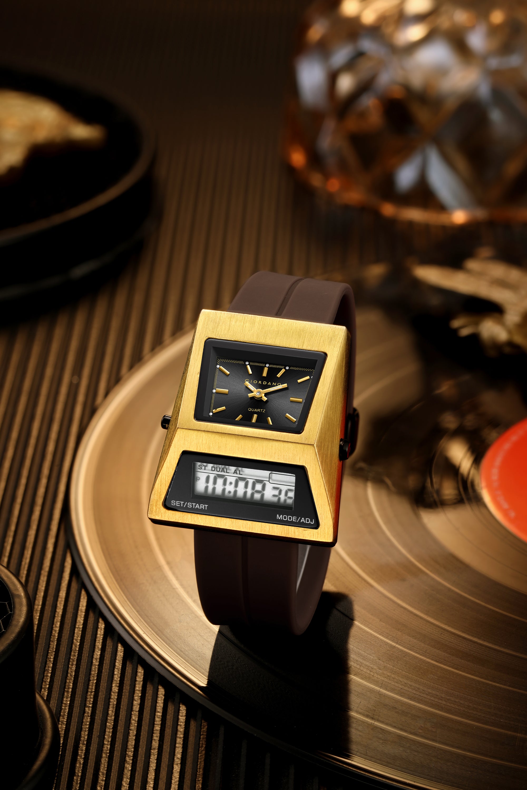 Giordano Analog Digital Watch for Men with Triangle Shape Black Dial, Dual Time Display, Brown Silicone Strap - GZ-50205-02