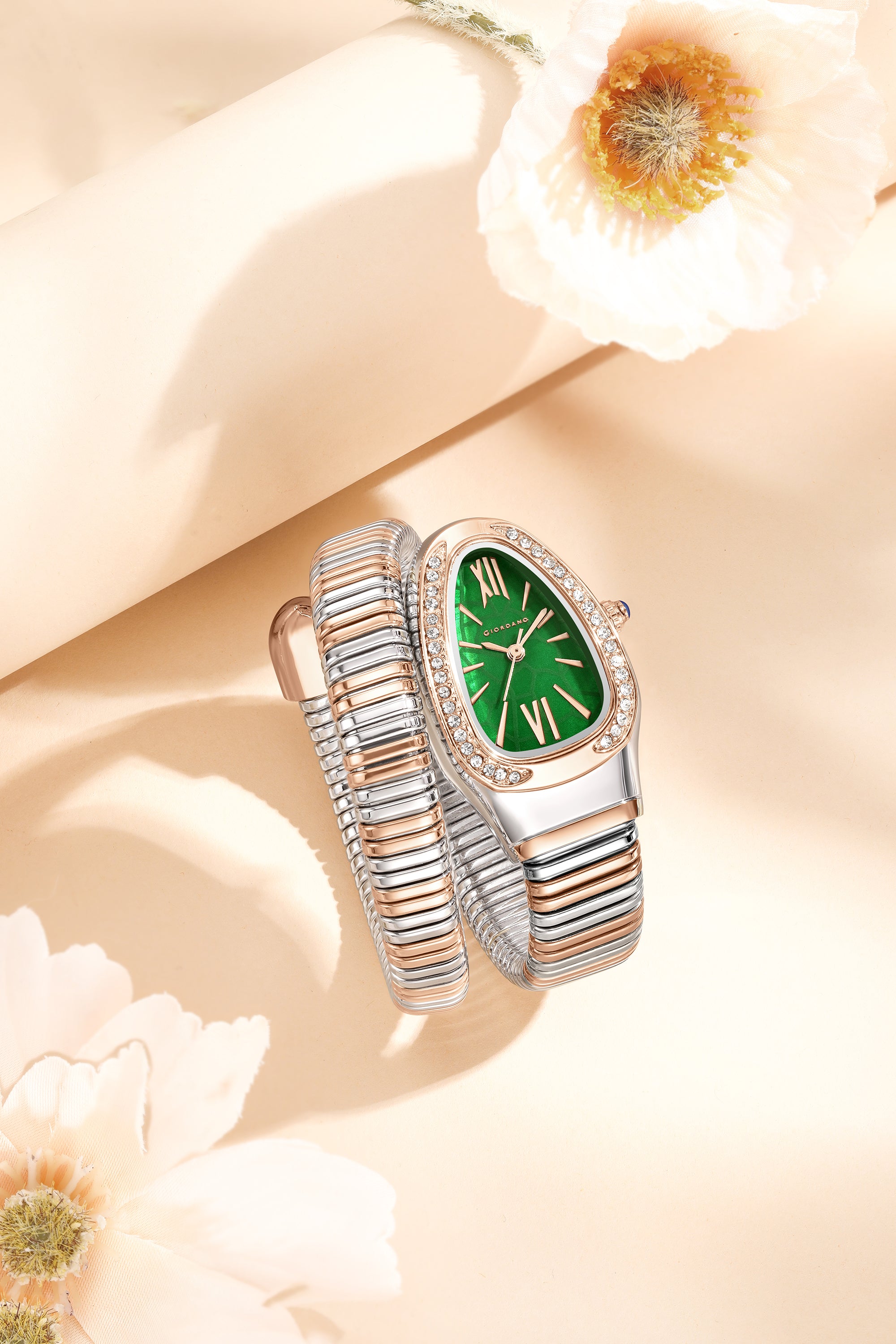 Giordano Serpentine Collection Analog Quartz Watch for Women with Green Geometric-Textured Dial, Crystal-Studded Bezel, Roman Numerals & Snake-Style Wrap-Around Stainless Steel Strap - GZ-60189-33