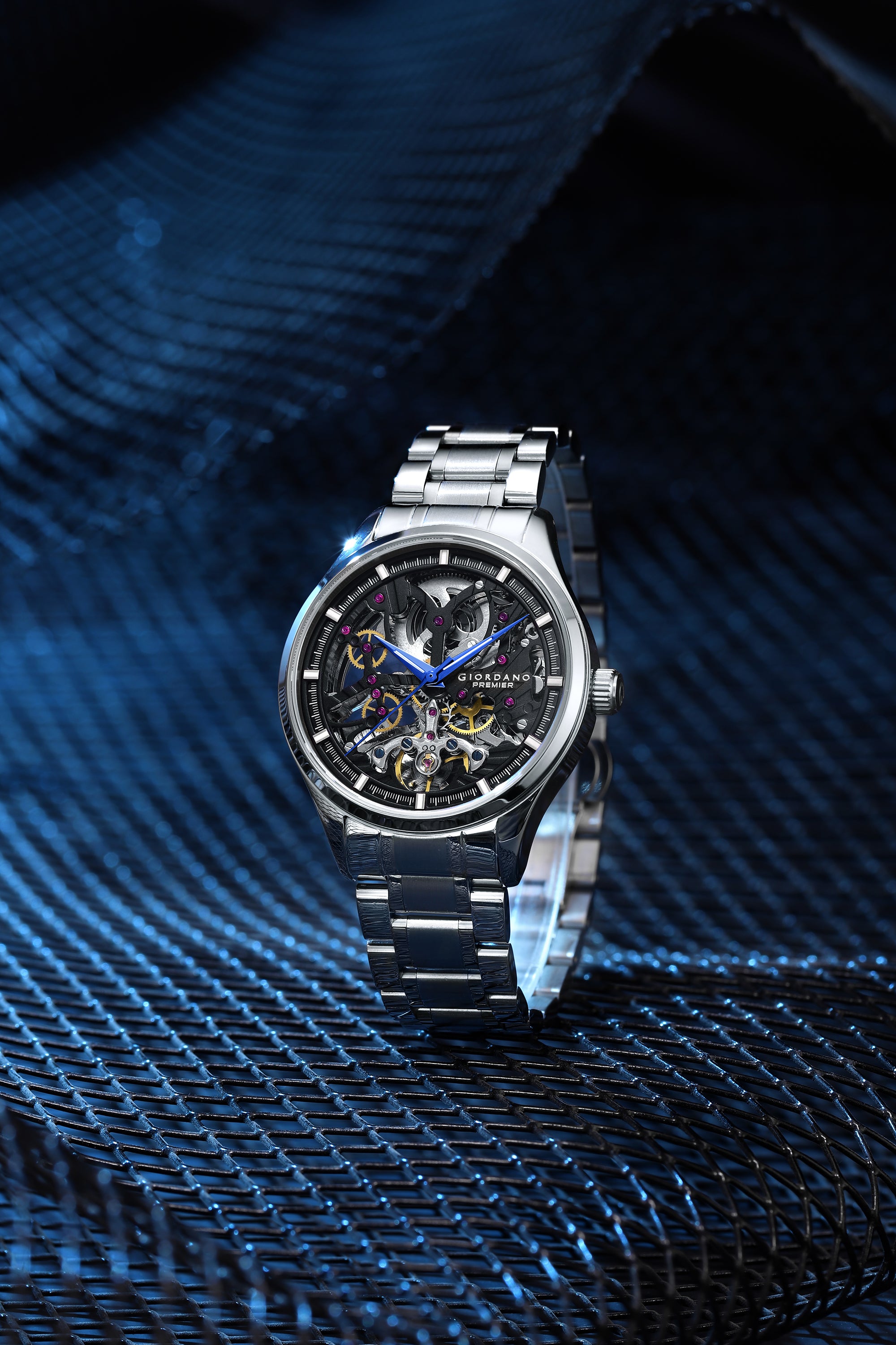 Giordano Automatic Watch for Men with Skeleton Round Black Dial, Luminous Hands and Markers, Silver Stainless Steel Strap - GZ-50225-22