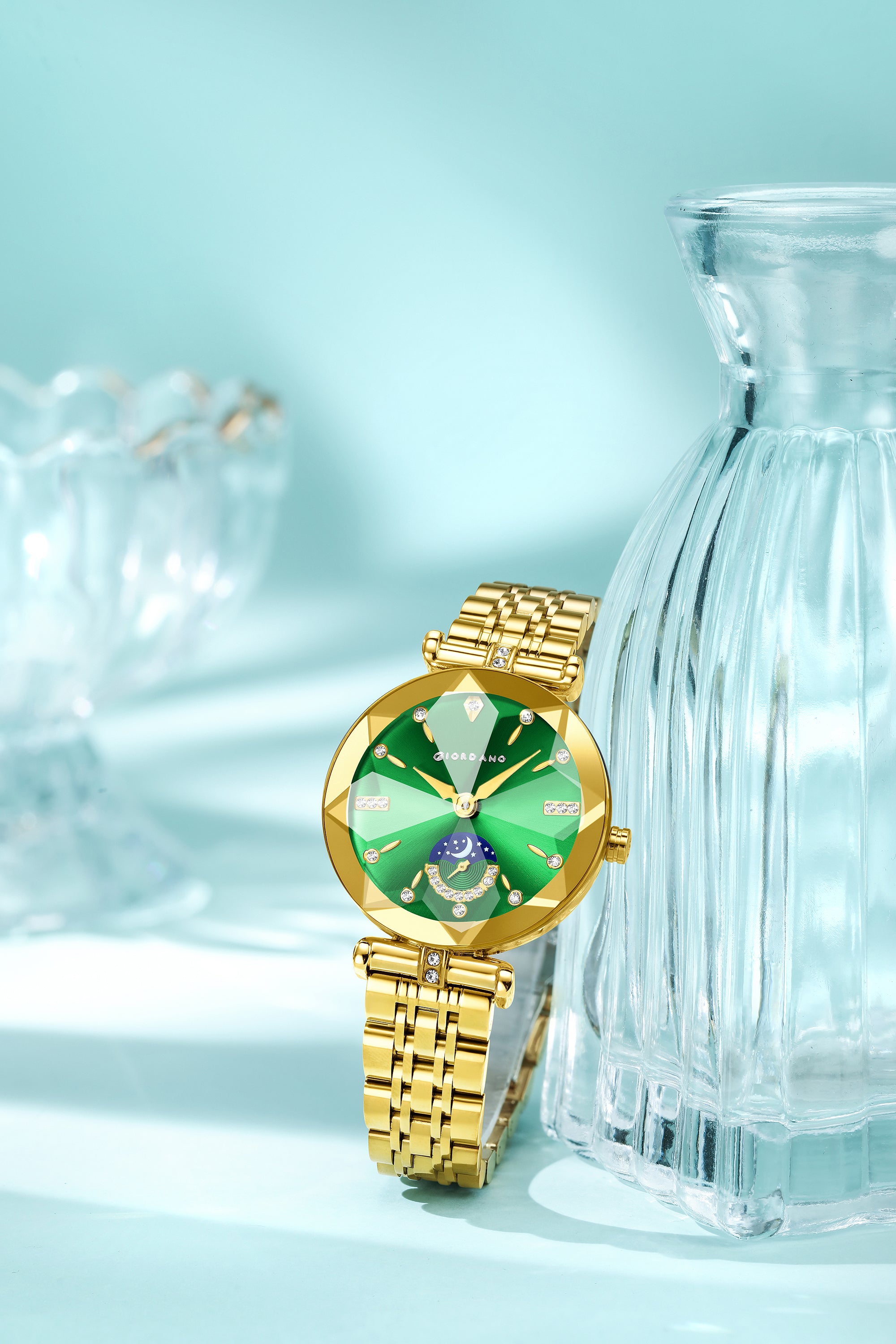 Giordano Analog Quartz Watch for Women with Green Round Sunray Dial, Moonphase Display, Diamond Studded Hour Markers and Gold Stainless Steel Bracelet - GZ-60094-44