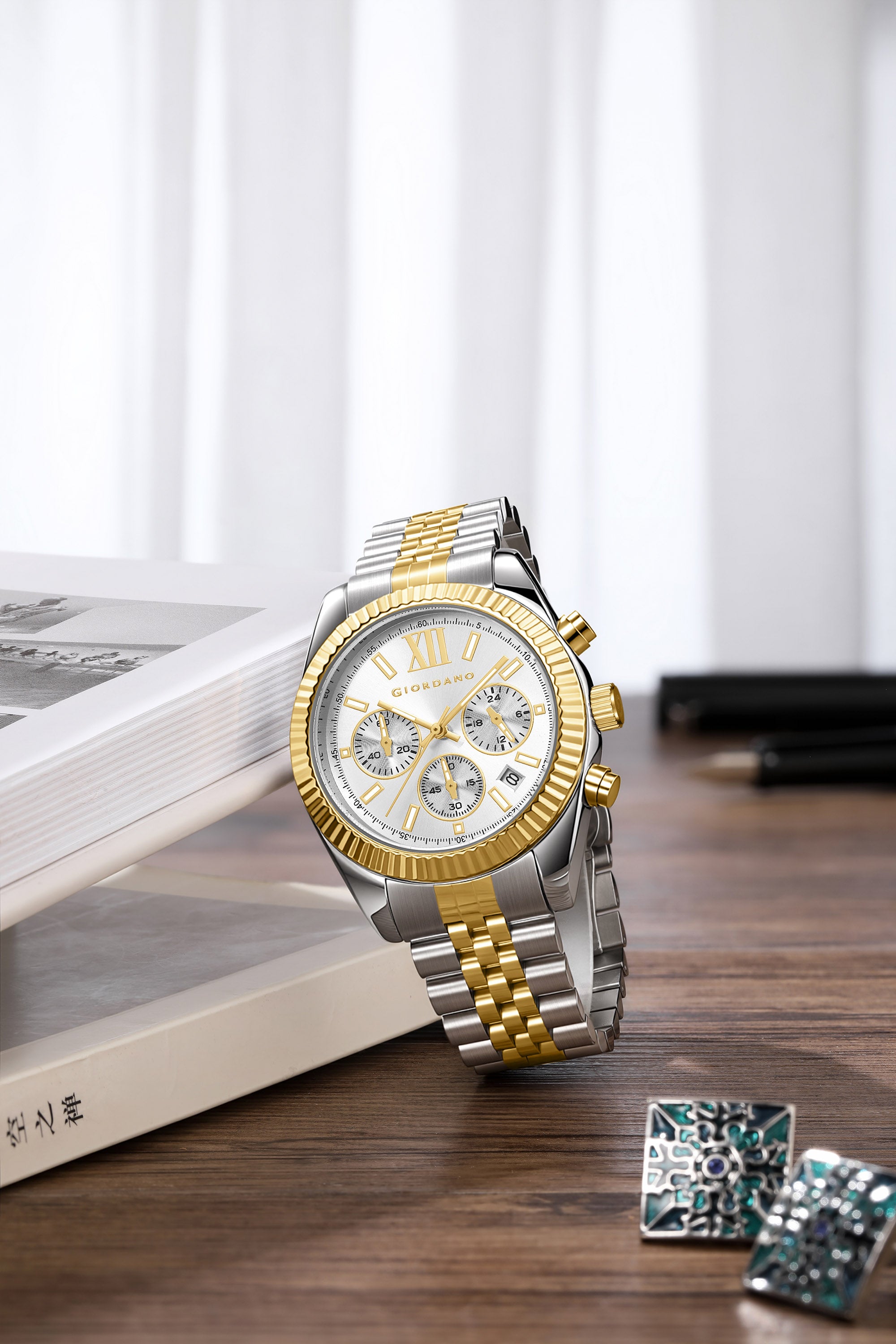 Giordano Chronograph Analog Quartz Watch for Men with Round White Dial, Roman indices, Date Function, Luminos hands and Markers, Silver and Gold Stainless Steel Strap - GZ-50217-44