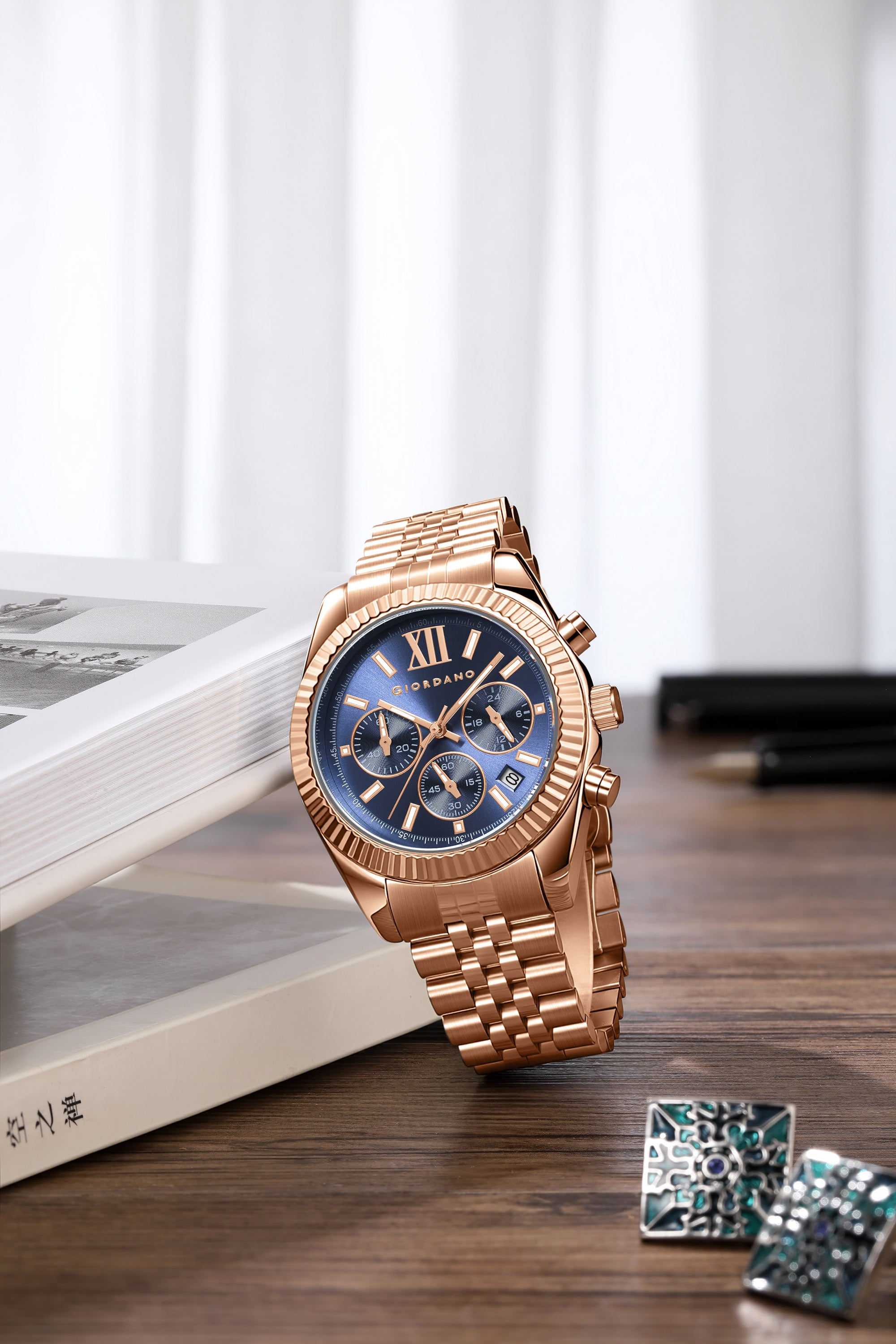 Giordano Chronograph Analog Quartz Watch for Men with Round Blue Dial, Roman indices, Date Function, Luminos hands and Markers, Rose Gold Stainless Steel Strap - GZ-50217-55