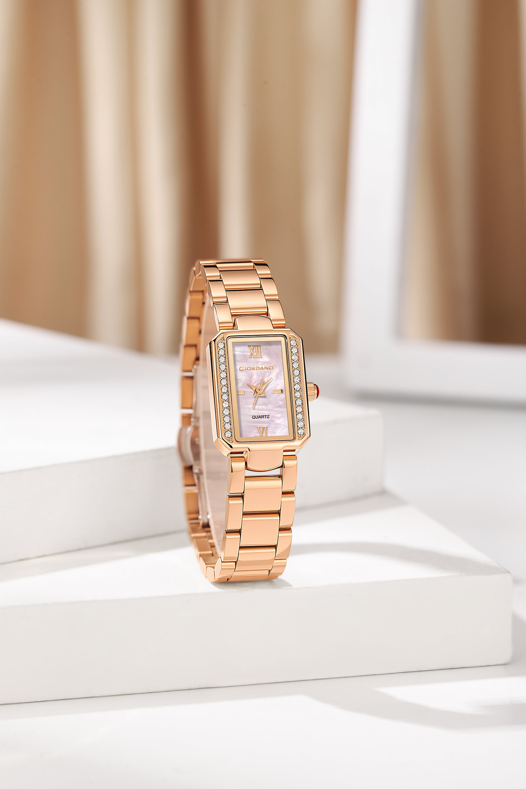 Giordano Analog Quartz Watch for Women with sunray Rectangle Rose Gold Dial, Roman indices, Crystal studded bezel, Blue Crown, Rose Gold Stainless Steel Strap - GZ-60167-44