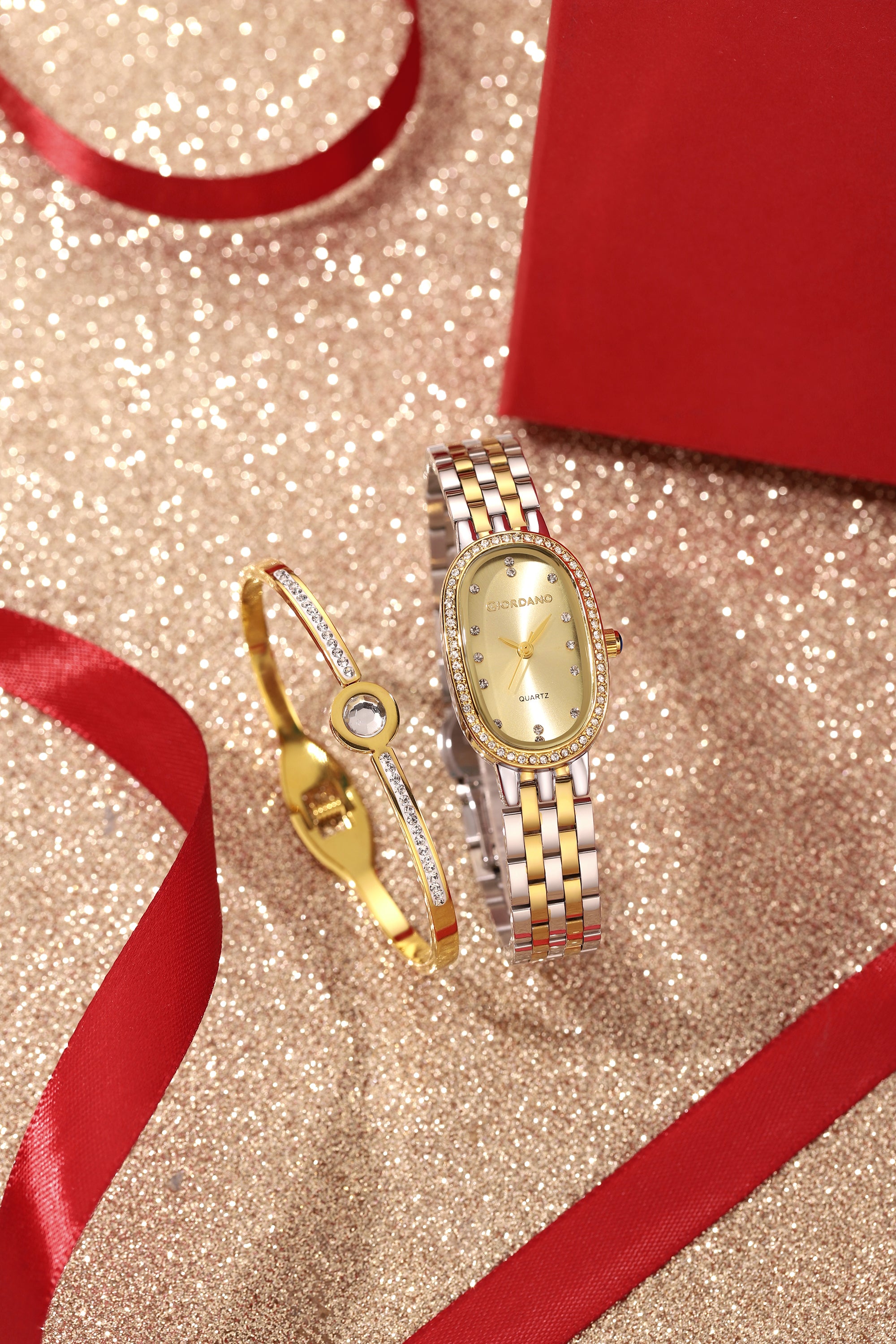 Giordano Analog Quartz Watch for Women with Bangle Oval Gold Dial, Blue Crown, Crystal Studded Hour Markers and Bezel, Silver and Gold Stainless Steel Strap - GZ-60153-11