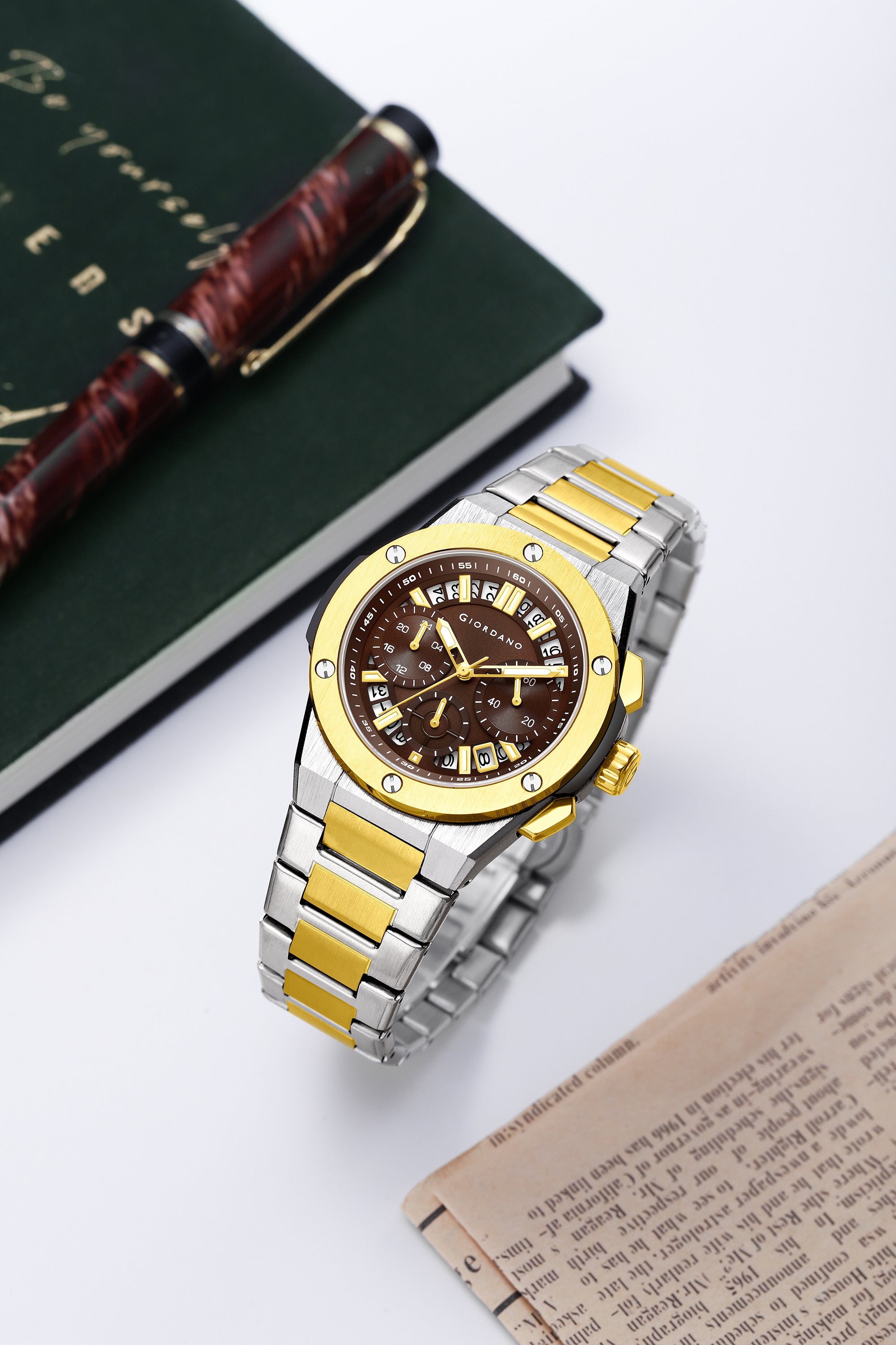 Giordano Chronograph Analog Quartz Watch for Men with Round Brown Dial, Date Function, Luminous Hands and Markers, Silver and Gold Stainless Steel Strap - GZ-50200-33