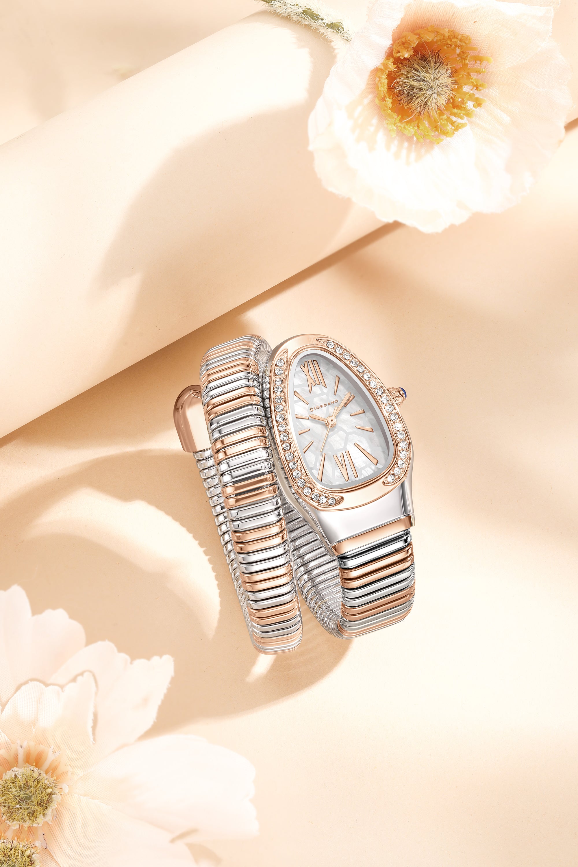 Giordano Serpentine Collection Analog Quartz Watch for Women with White Geometric-Textured Dial, Crystal-Studded Bezel, Roman Numerals & Snake-Style Wrap-Around Stainless Steel Strap - GZ-60189-44