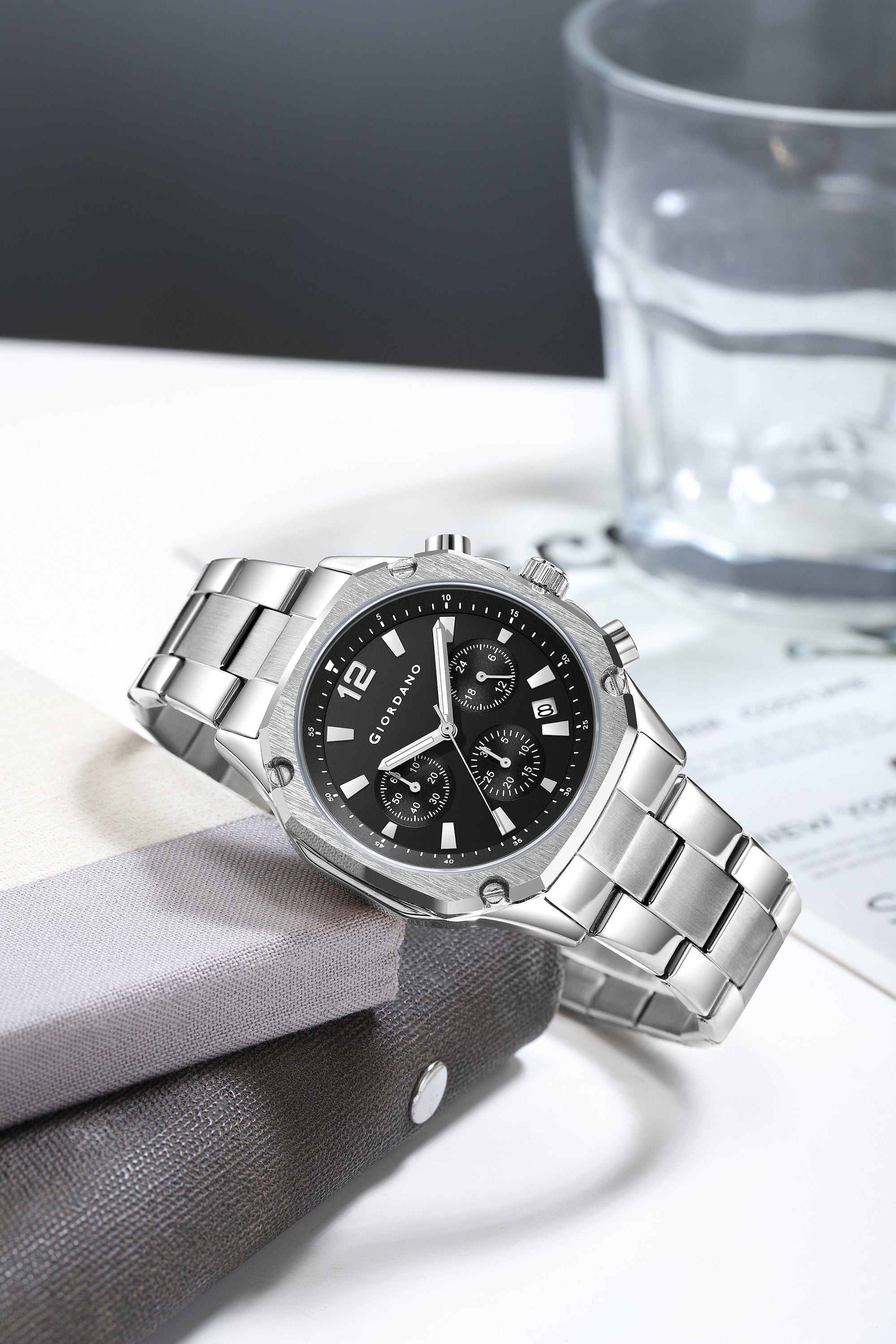 Giordano Analog Watch for Men with Chronograph Subdials, Round Black Dial Date Window, Quartz Movement Silver Stainless Steel Strap GZ-50203-44