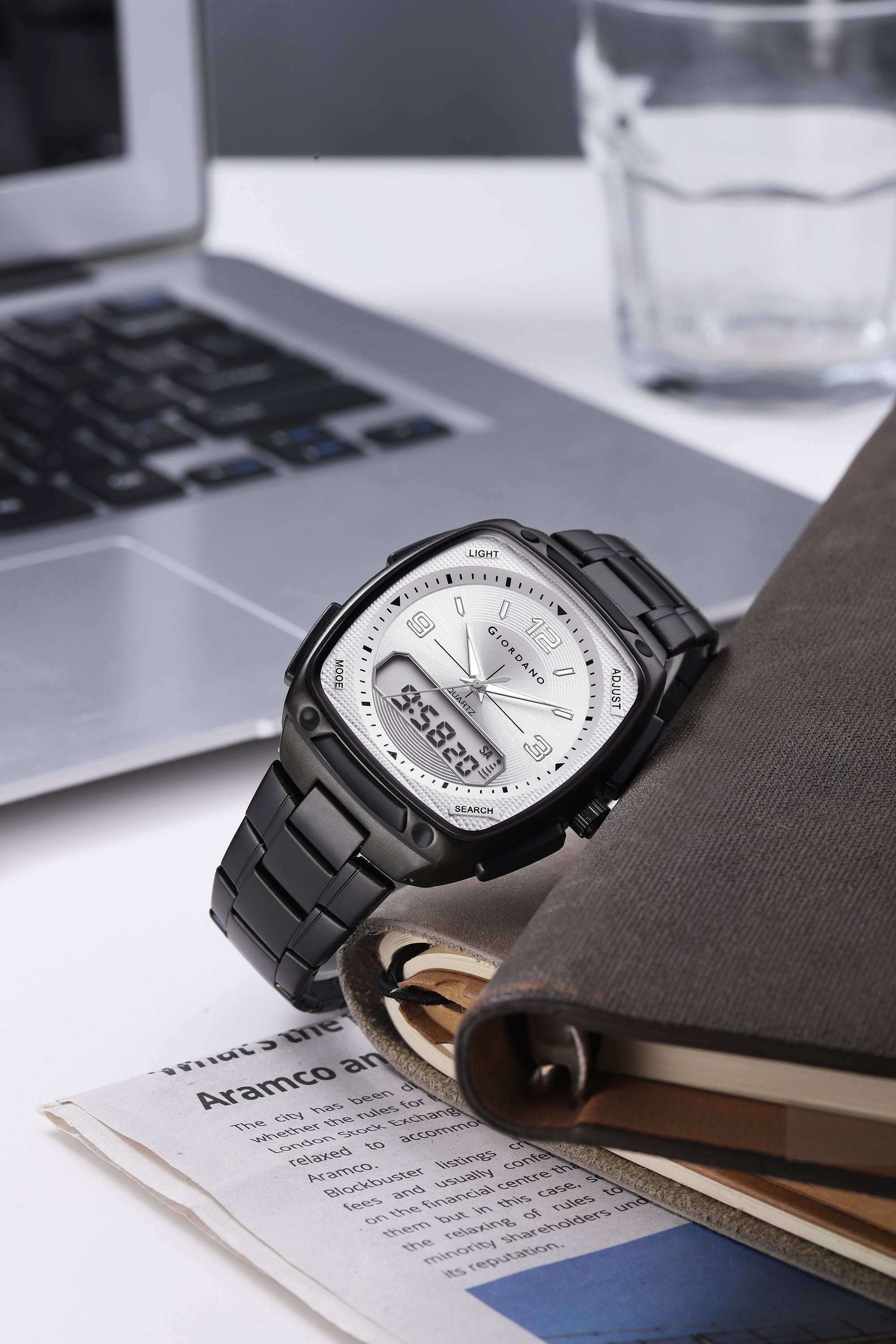 Giordano Analog Quartz Watch for Men with Texured Square White Dial, Date and Day Function, Luminous Hands and Hour Markers, Black Stainless Steel Strap - GZ-50223-55