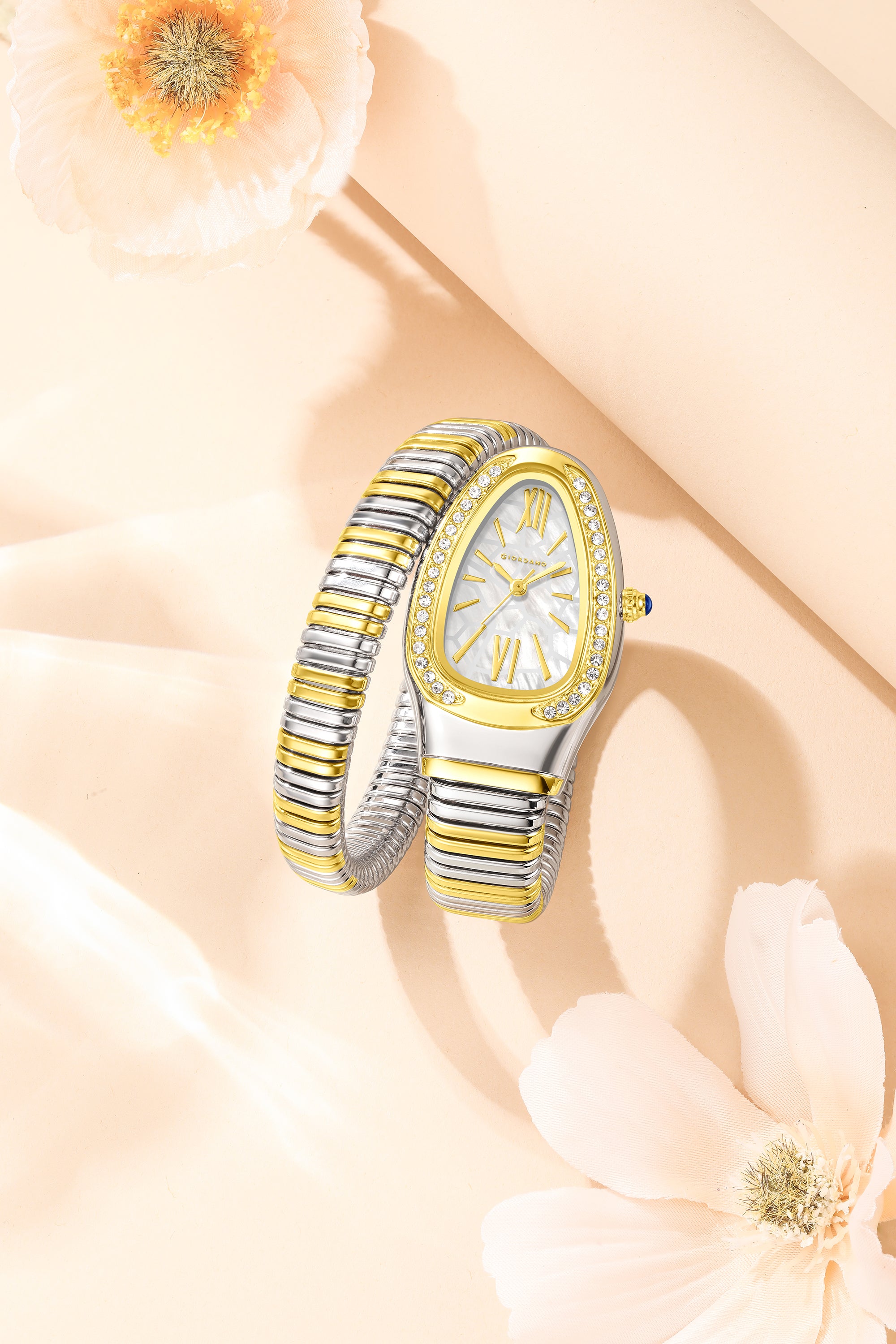 Giordano Serpentine Collection Analog Quartz Watch for Women with White Geometric-Textured Dial, Crystal-Studded Bezel, Roman Numerals & Snake-Style Wrap-Around Stainless Steel Strap - GZ-60189-55