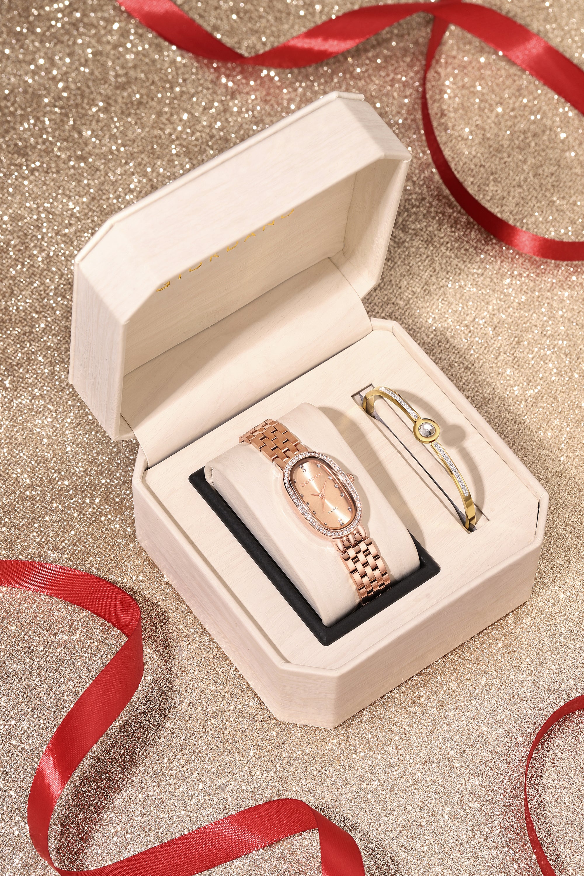 Giordano Analog Quartz Watch for Women with Bangle Oval Rose Gold Dial, Blue Crown, Crystal Studded Hour Markers and Bezel, Rose Gold Stainless Steel Strap - GZ-60153-22