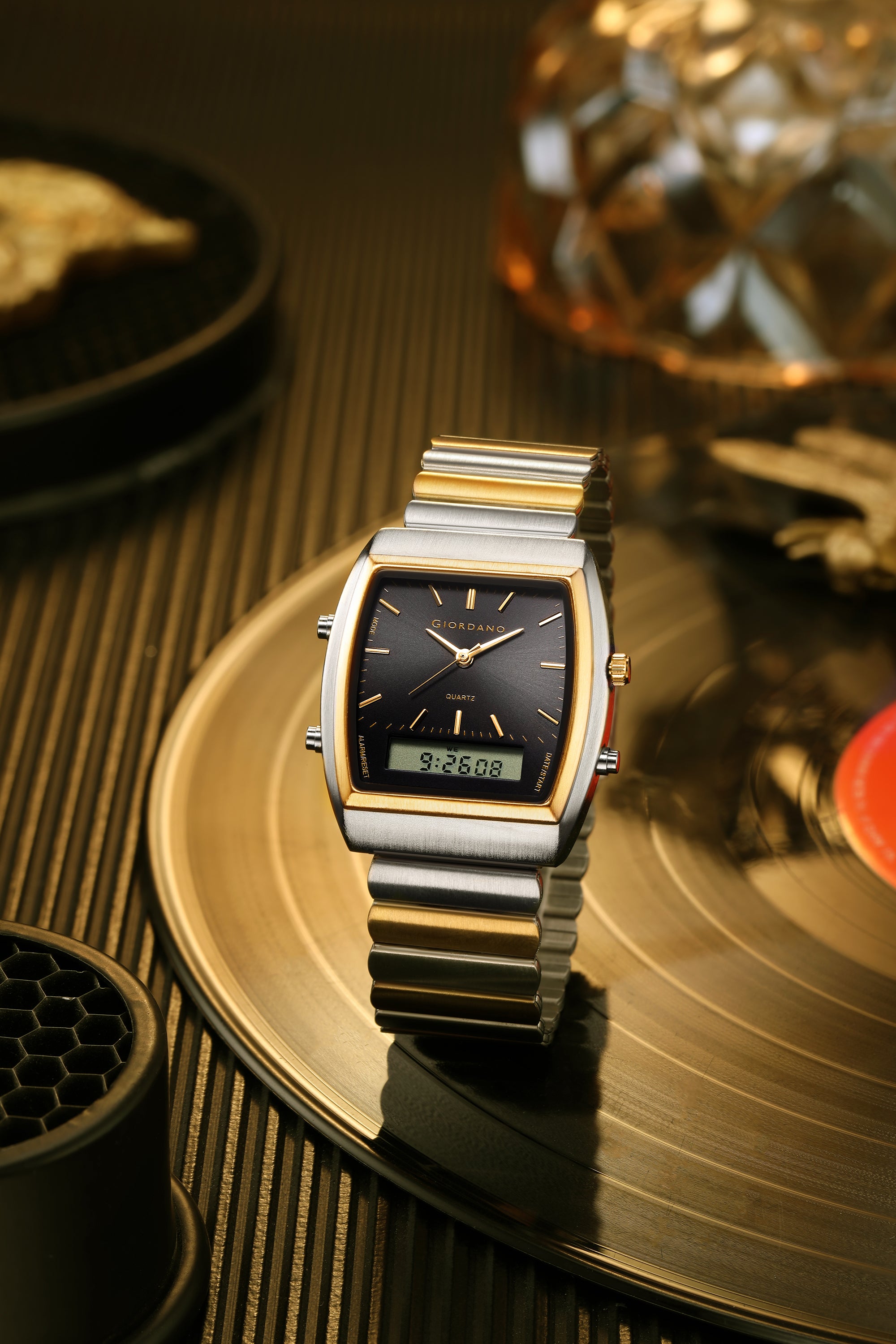 Giordano Analog Digital Watch for Men with Square Black Dial, Day Function, Silver and Gold Stainless Steel Strap - GZ-50207-33