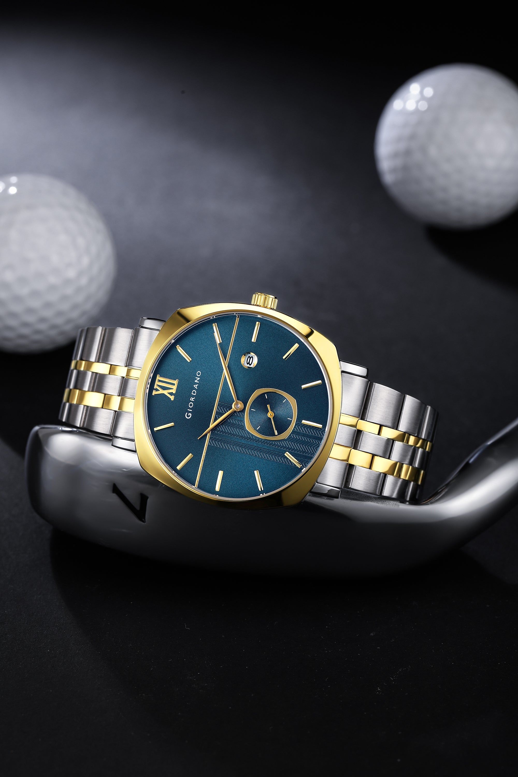 Giordano Analog Quartz Watch for Men with Blue Sunray Patterned Dial, Roman XII & Baton Hour Markers, Small Seconds Sub-Dial, Date Display and Two-Tone Gold & Silver Stainless Steel Strap GZ-50192-55