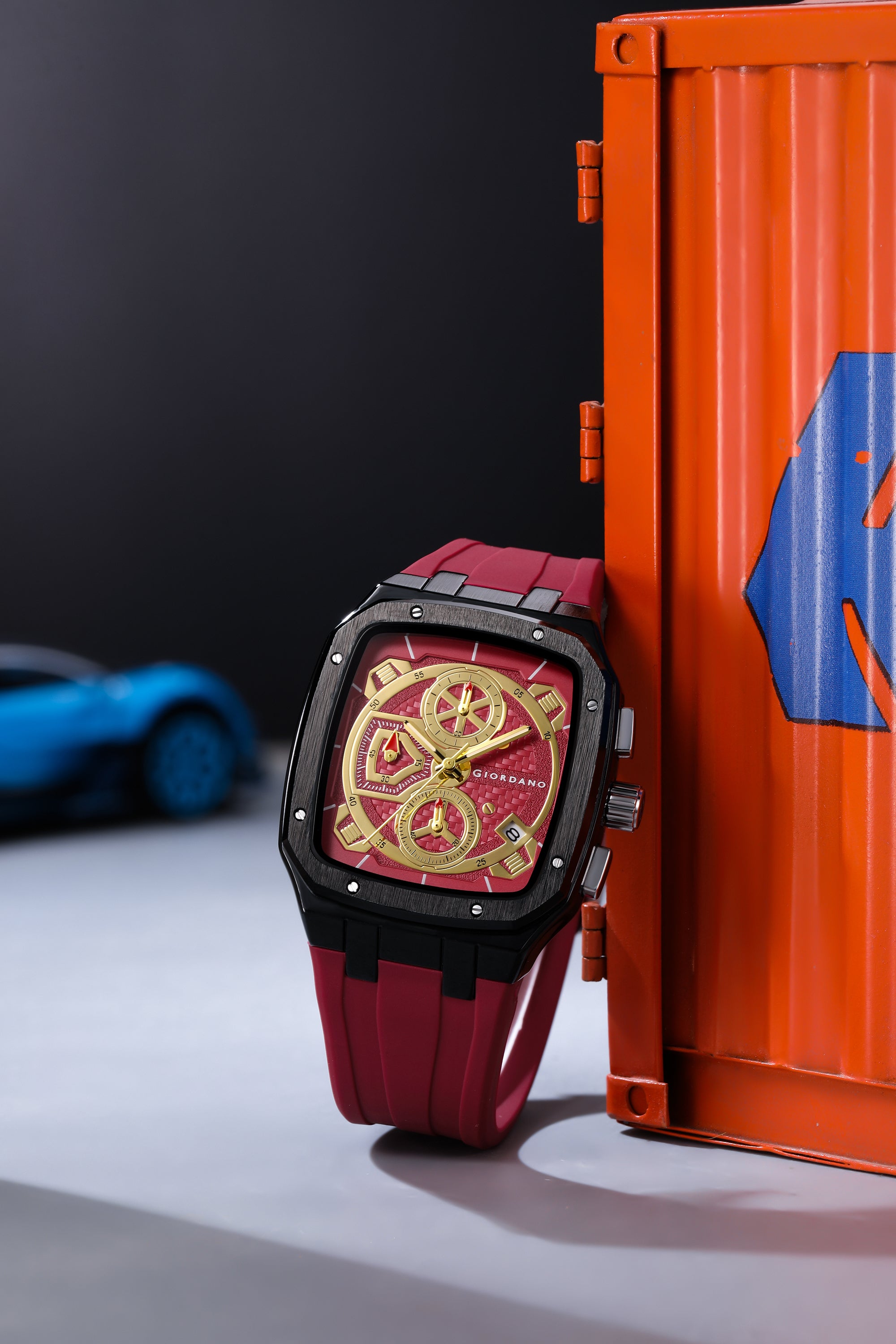 Giordano Analog Watch for Men with Chronograph Subdials, Black Square Case, Date Display, Quartz Movement, Red Silicone Strap GZ-50204-55