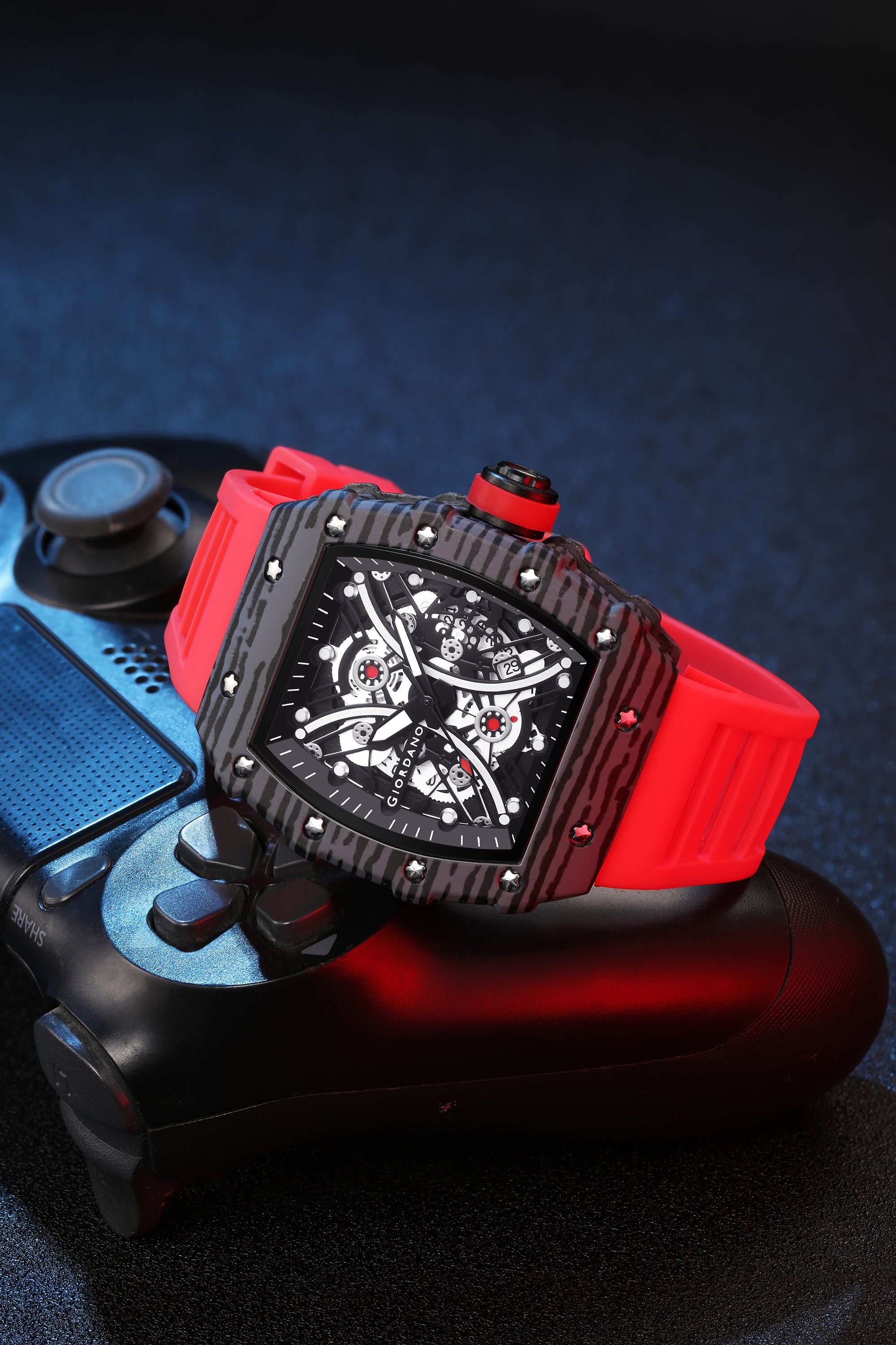 Giordano Analog Square Watch for Men with Skeleton Design, Rugged Textured Case, Luminous Hands, and Silicone Strap - GZ-50180-33