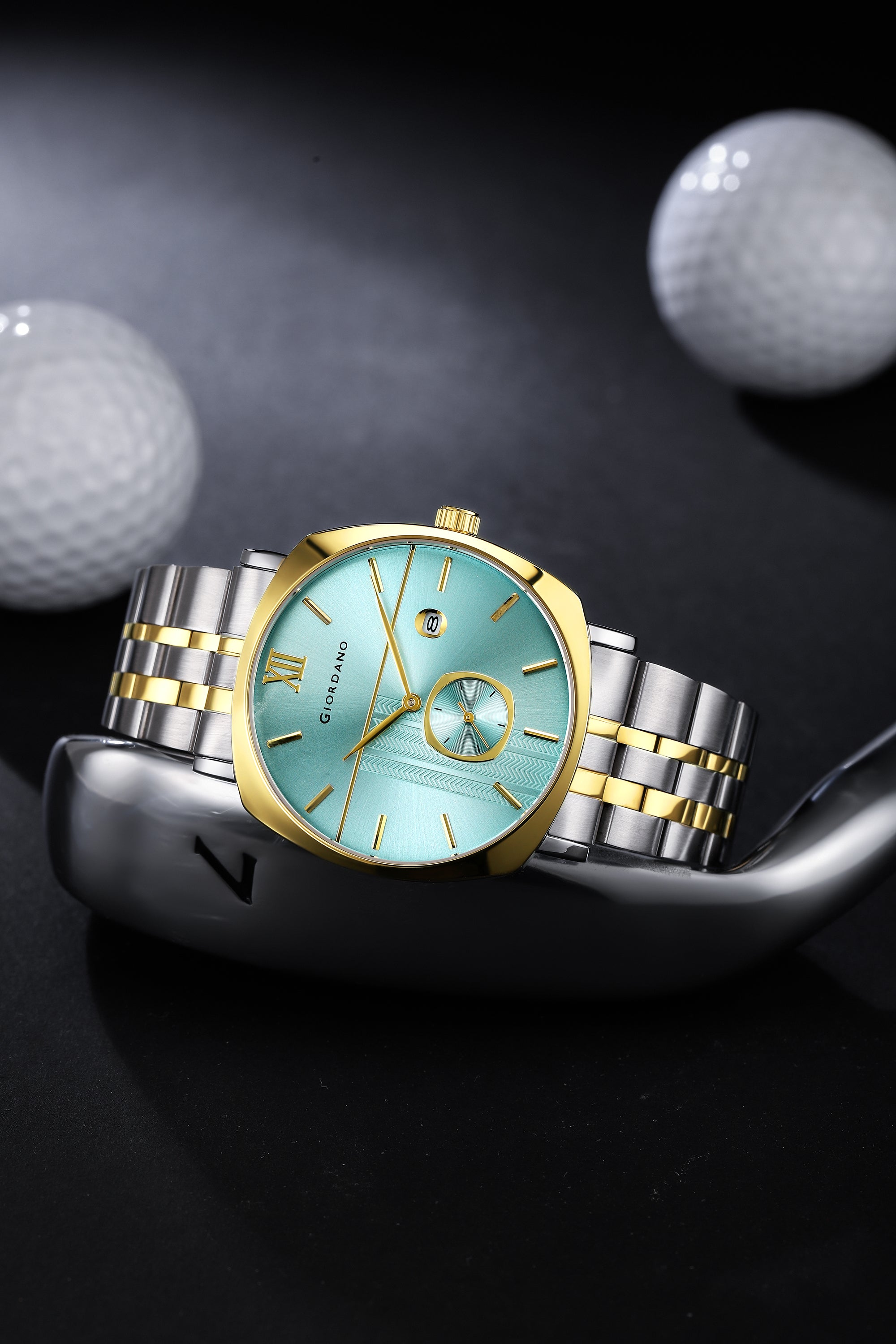 Giordano Analog Quartz Watch for Men with Turquoise Sunray Patterned Dial, Roman XII & Baton Hour Markers, Small Seconds Sub-Dial, Date Display and Two-Tone Stainless Steel Strap - GZ-50192-33