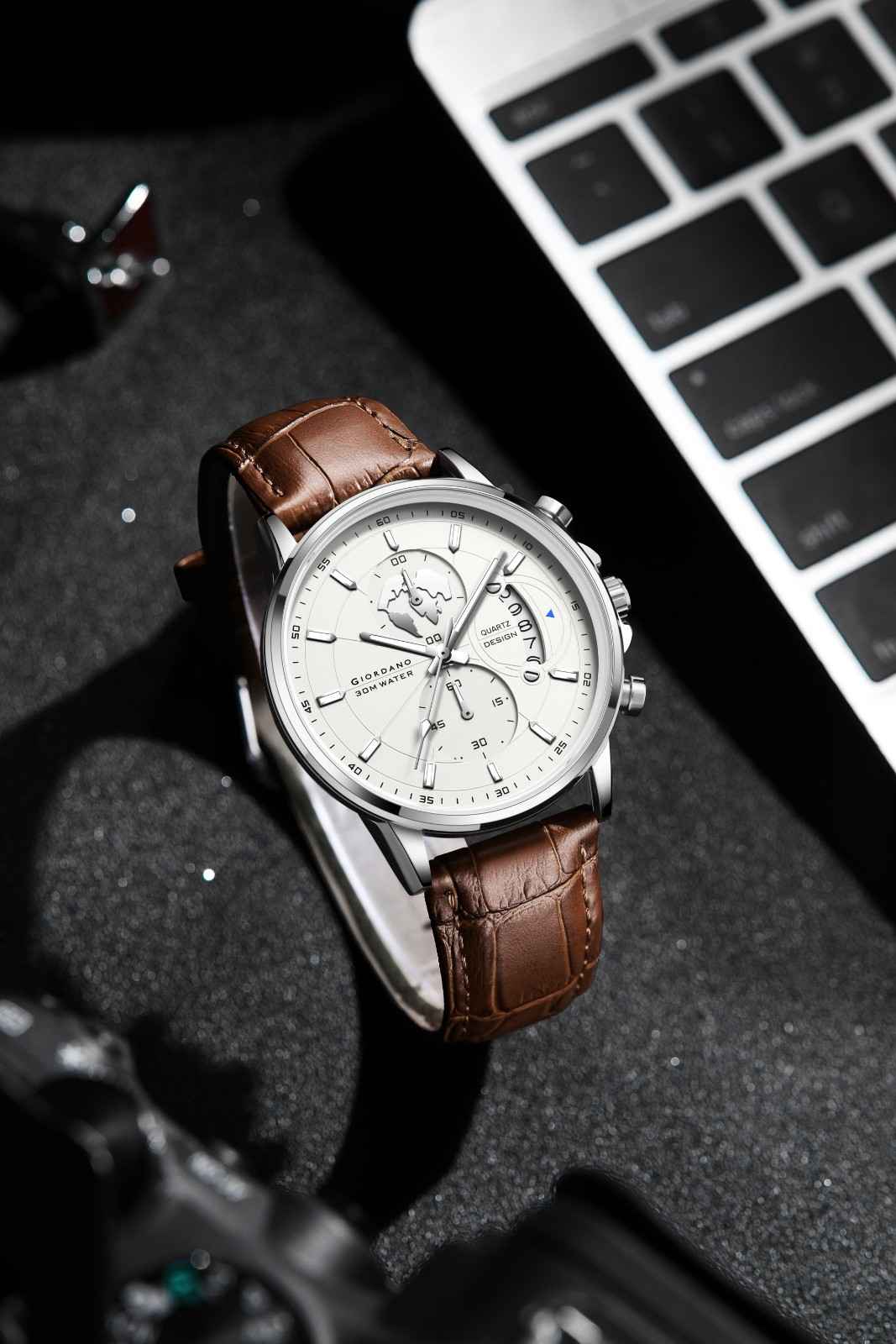 Giordano Mutifunction Watch for Men with Round Silver Dial, Date Display and Brown Leather Strap GZ-50165-02