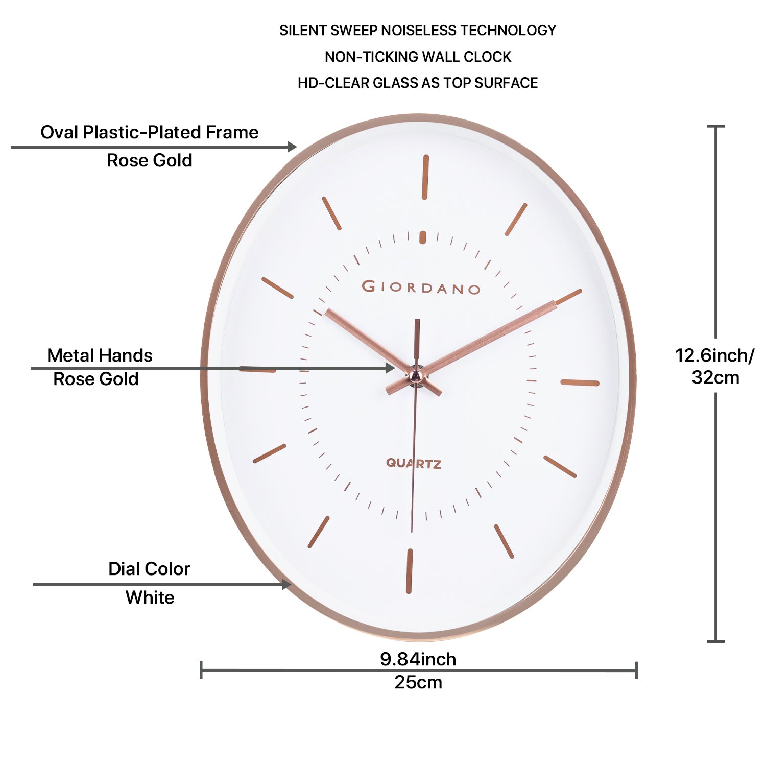 Giordano Wall Clock, Silent Sweep Non-Ticking Quartz Movement, White Dial, Rose Gold Oval Plastic Frame, Metal Hand - GDCLTY1001RGWHT