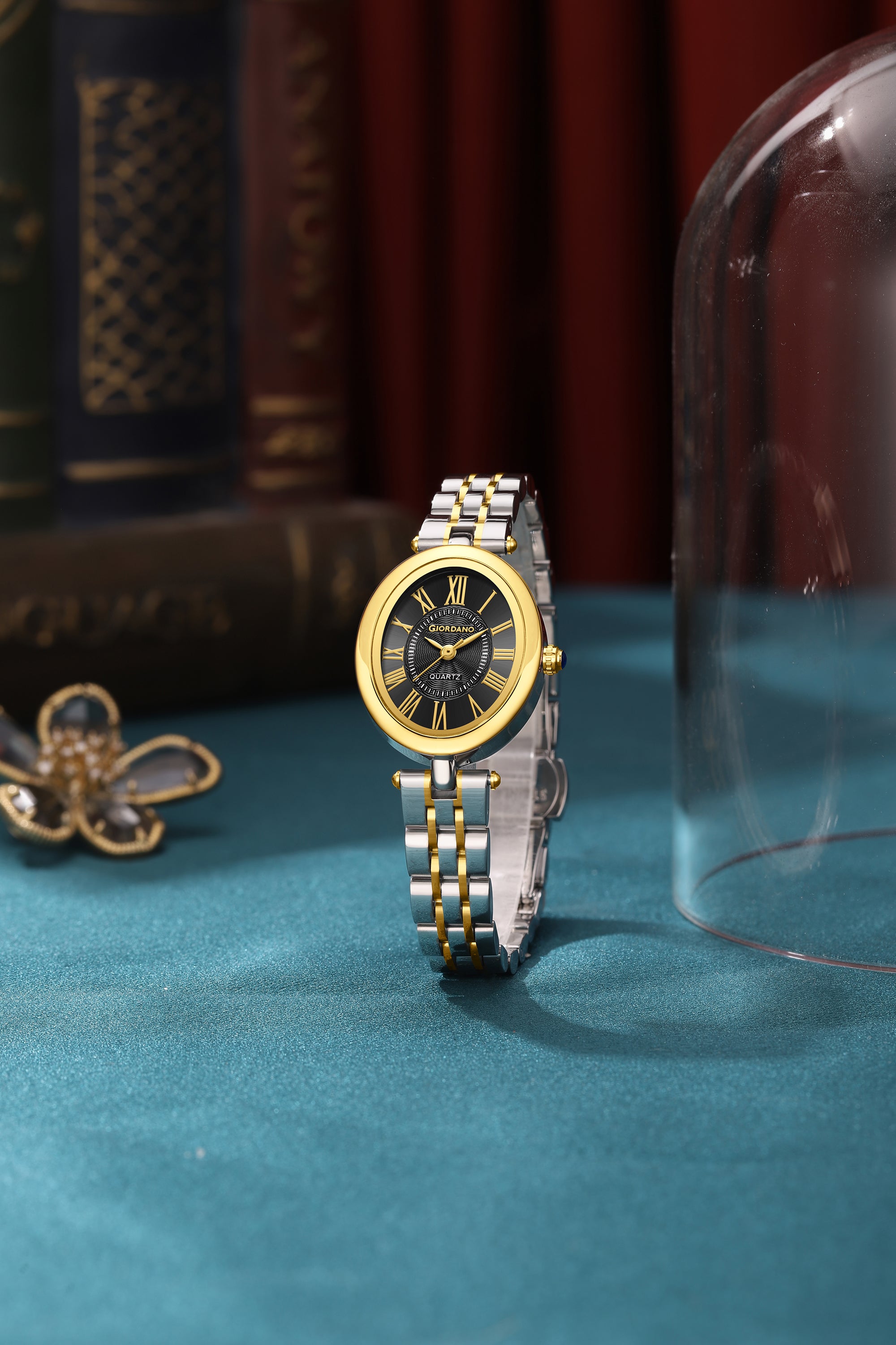 Giordano Analog Quartz Watch for Women with Texured Round Black Dial, Roman Indices, Blue Crown, Silver and Gold Stainless Steel Strap - GZ-60156-11