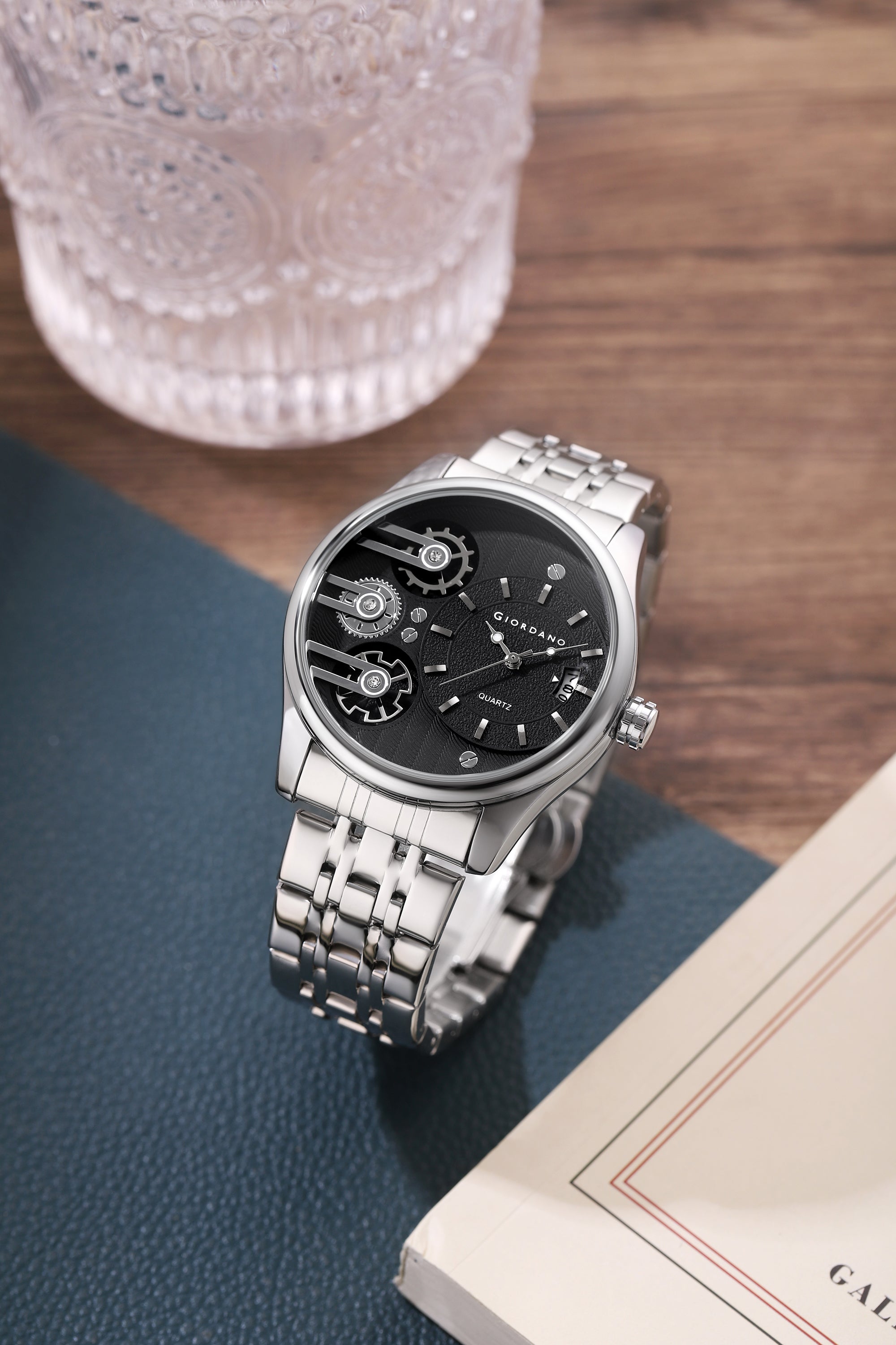 Giordano Analog Watch for Men with Round Black Dial, Gear-Inspired Design, Date Display & Stainless Steel Strap GZ-50222-11