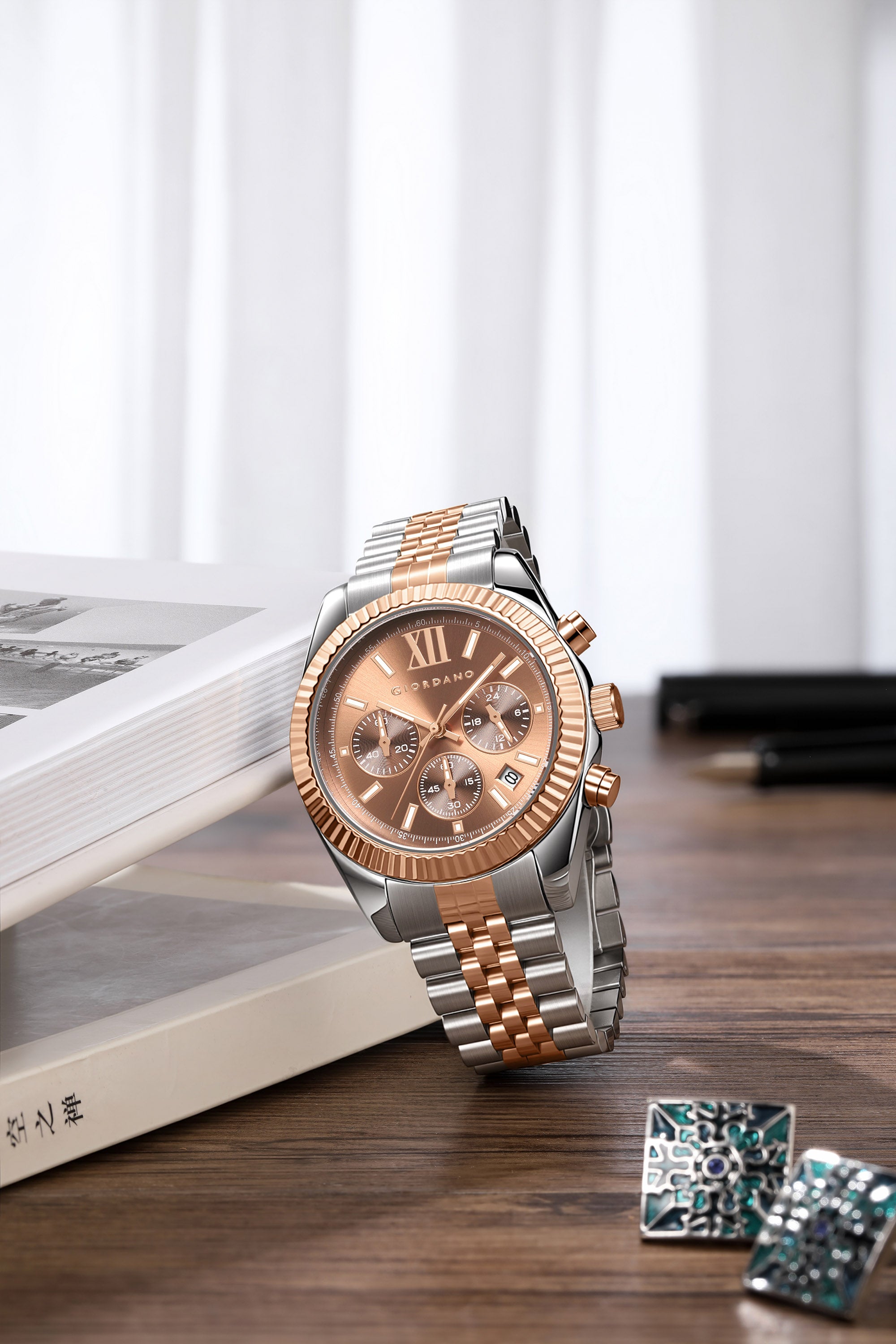 Giordano Chronograph Analog Quartz Watch for Men with Round Brown Dial, Roman indices, Date Function, Luminos hands and Markers, Silver and Rose Gold Stainless Steel Strap - GZ-50217-66
