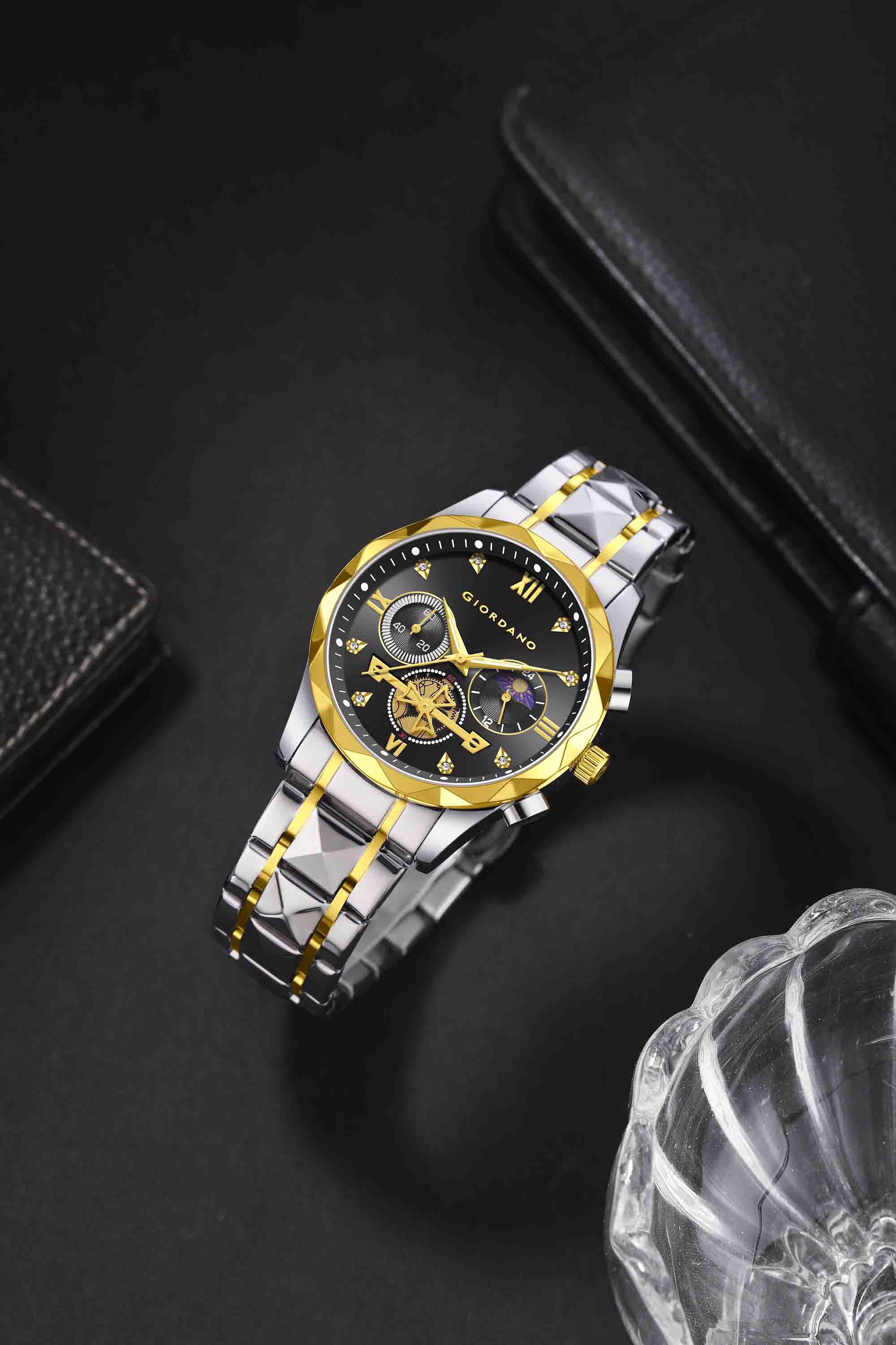 Giordano Chronograph Analog Quartz Watch for Men with Black Dial, Multifunction Subdials, Sun Moon Display, Crystal Hour Markers, Roman Numerals, Dual-Tone Stainless Steel Strap - GZ-50236-22