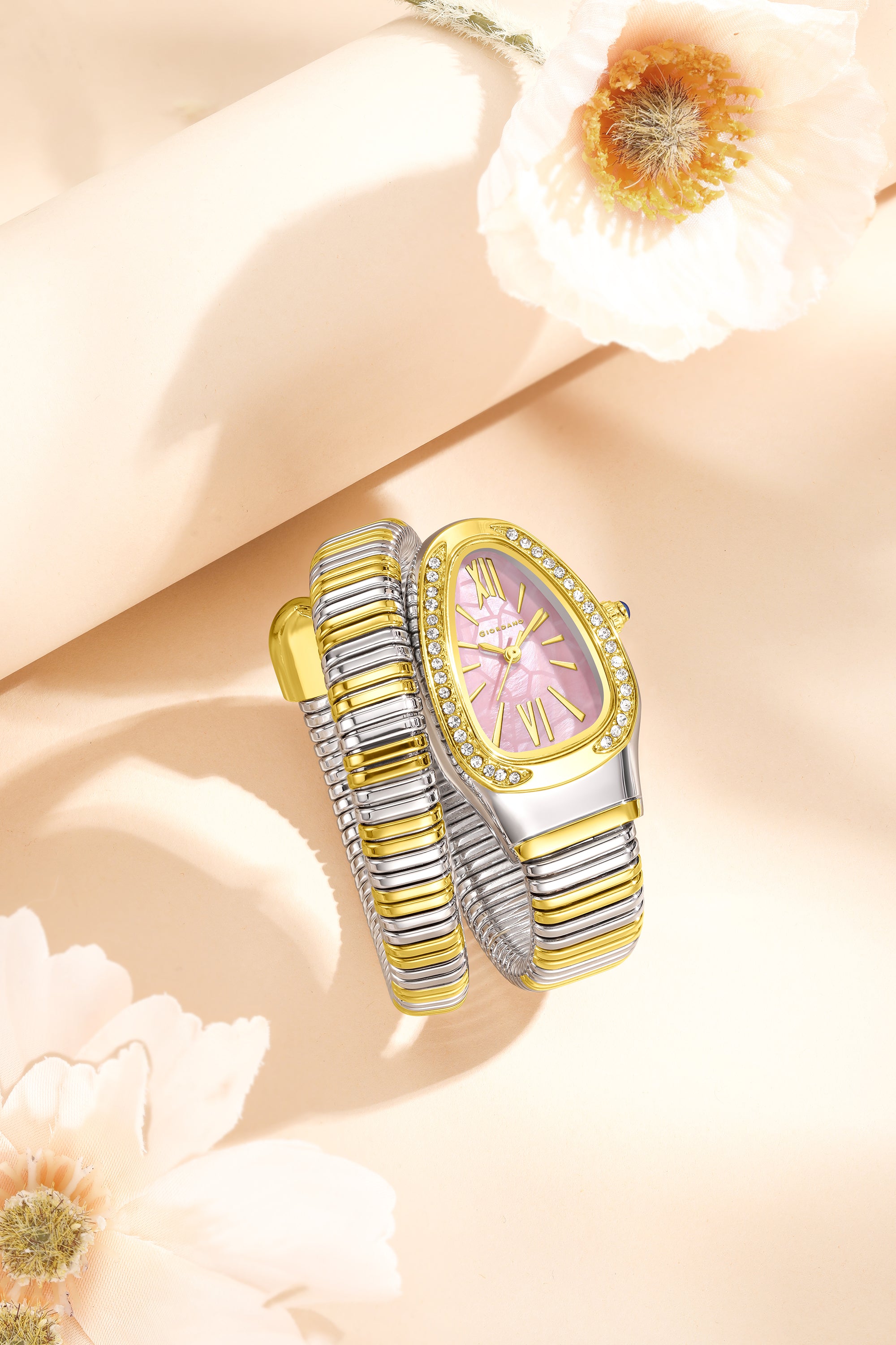 Giordano Serpentine Collection Analog Quartz Watch for Women with Pink Geometric-Textured Dial, Crystal-Studded Bezel, Roman Numerals & Snake-Style Wrap-Around Stainless Steel Strap - GZ-60189-66